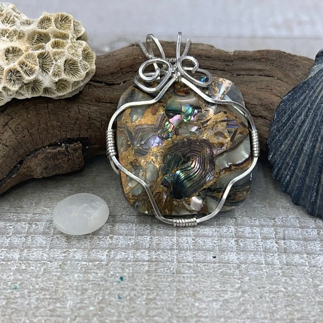 Sterling Silver Wire-Wrapped Mother of Pearl and Bronze Pendant