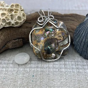 Sterling Silver Wire-Wrapped Mother of Pearl and Bronze Pendant