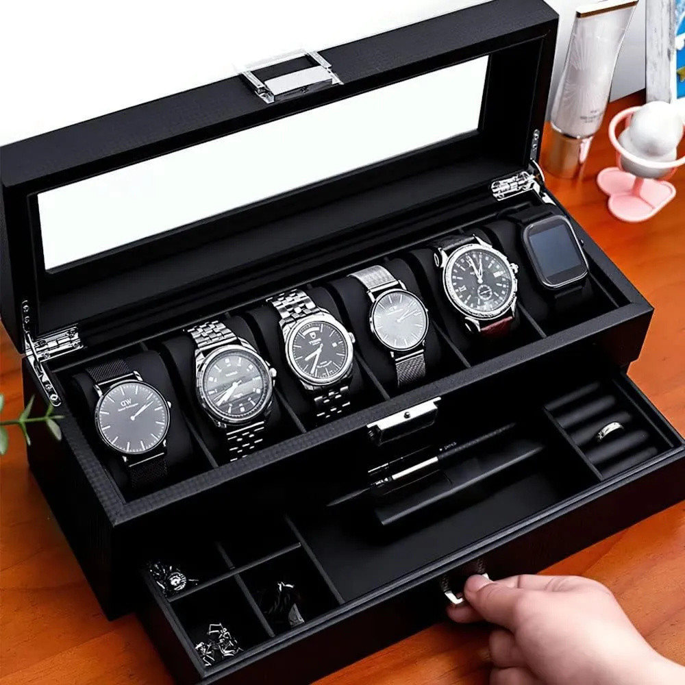 StitchesandTweed 6 Slot Watch Box 2 Tier Organizer - Matte Black
