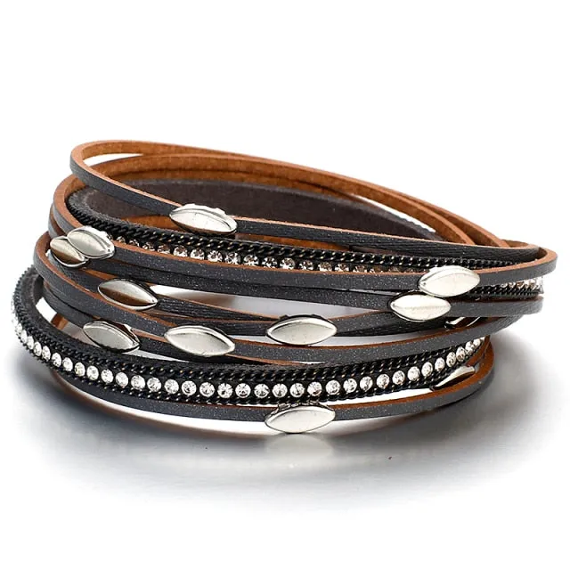 Strip Leather Charm Multilayer Wrap Bracelet