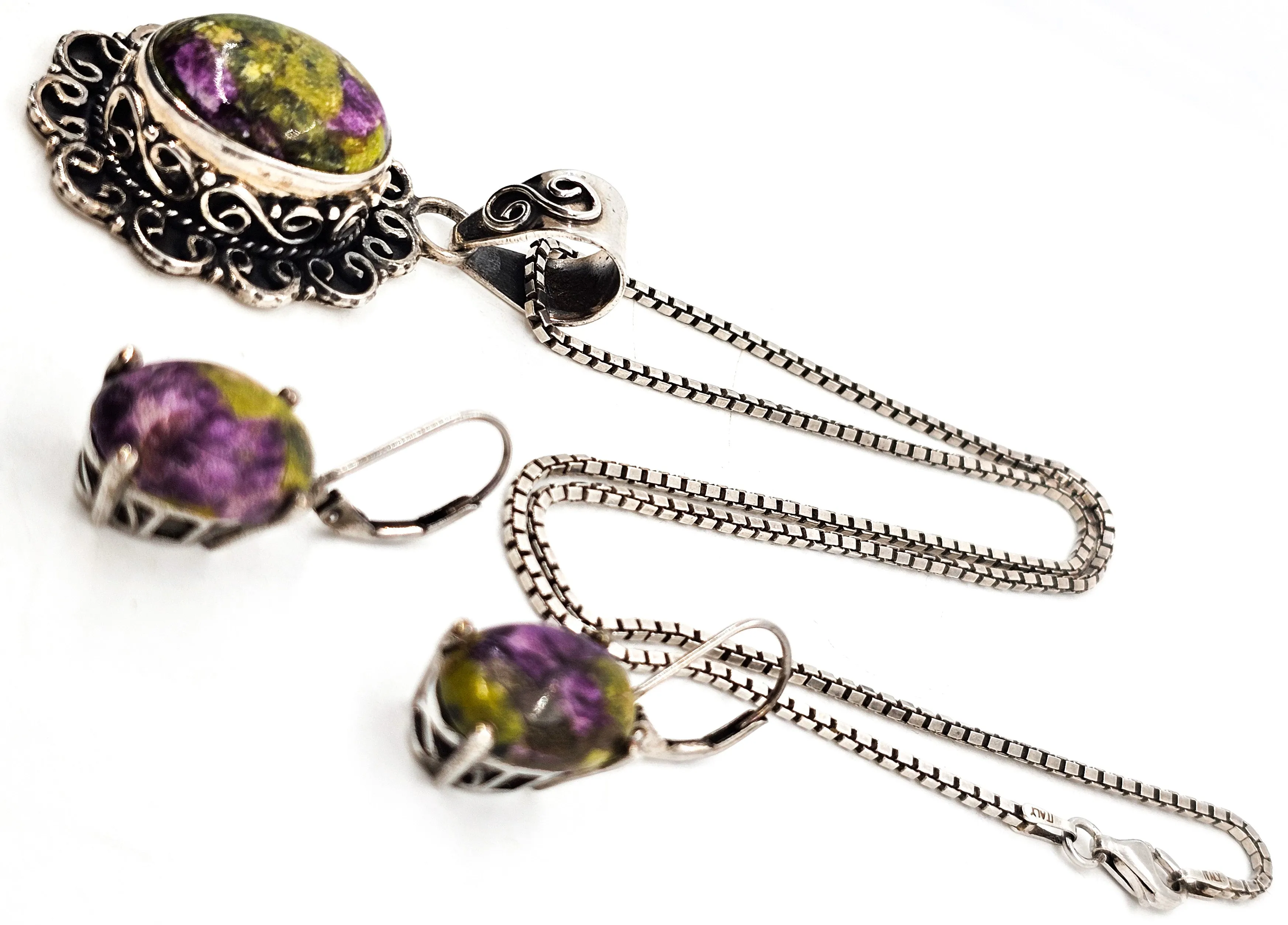 STS Atlantisite Stichtite Chuck Clemency vintage sterling silver earrings and necklace set