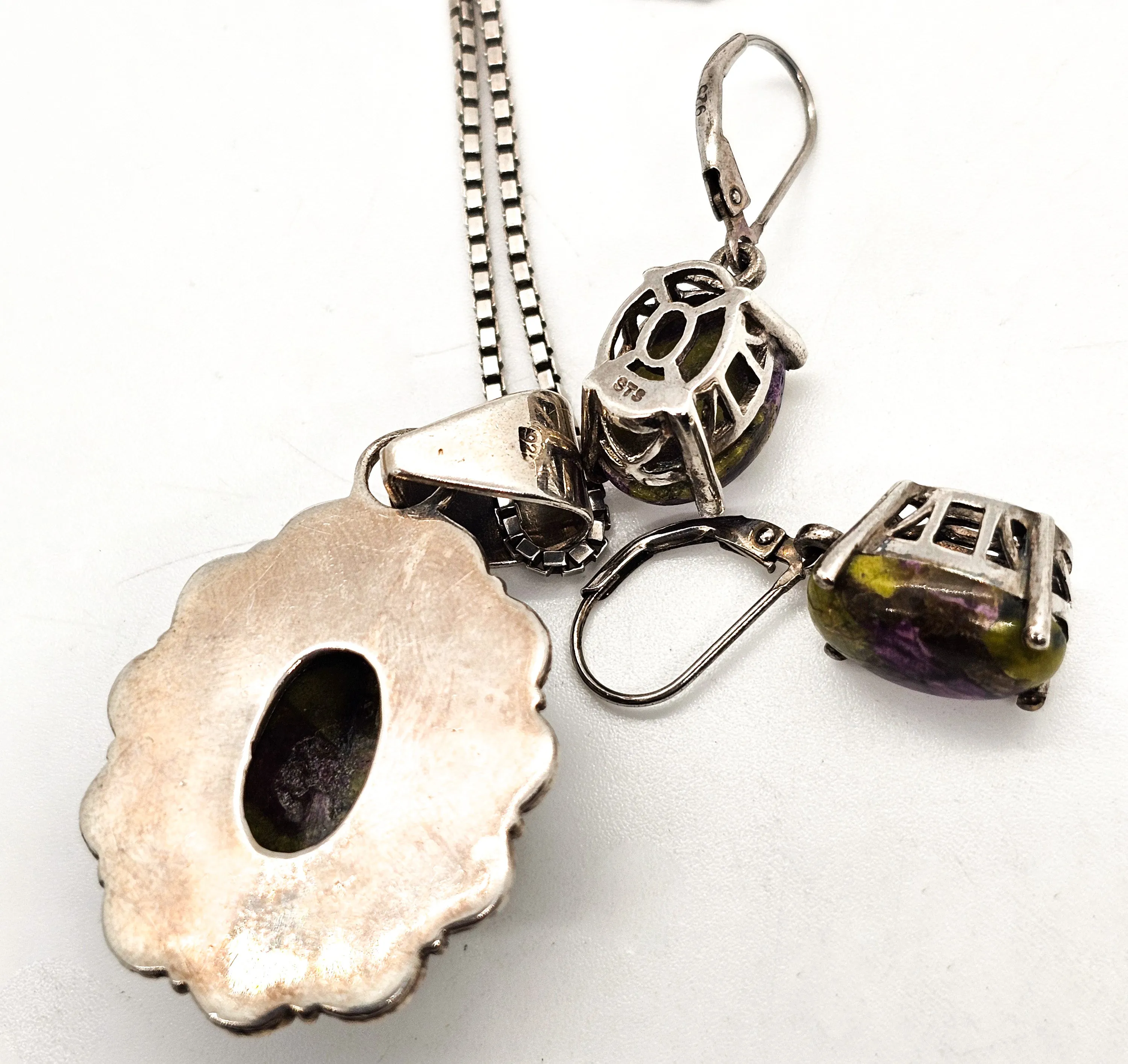 STS Atlantisite Stichtite Chuck Clemency vintage sterling silver earrings and necklace set