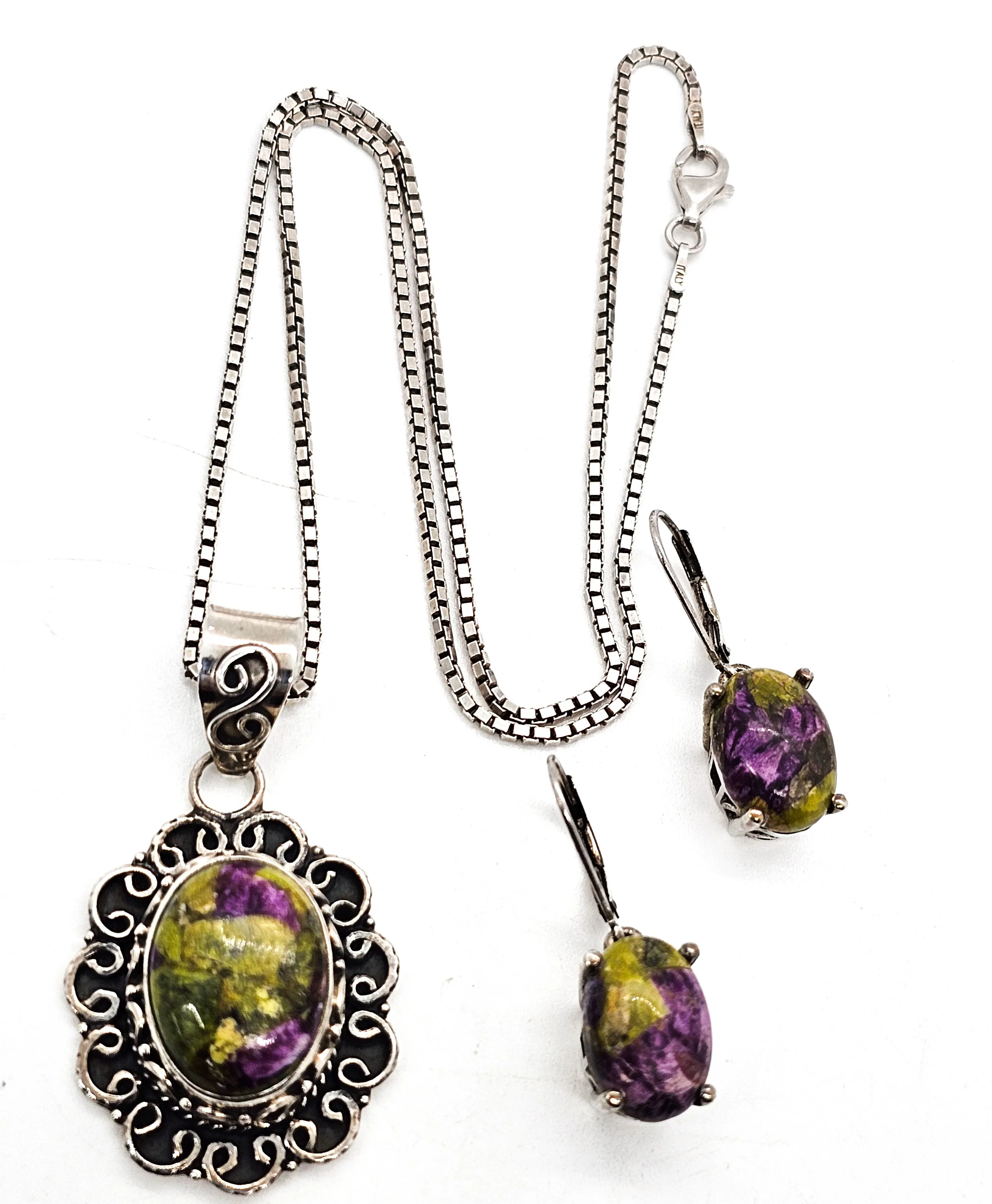 STS Atlantisite Stichtite Chuck Clemency vintage sterling silver earrings and necklace set