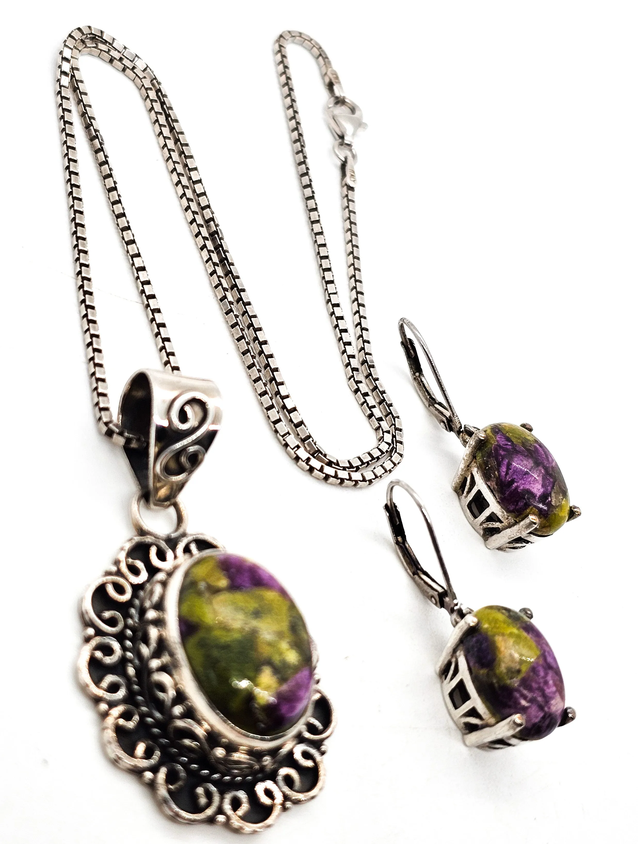 STS Atlantisite Stichtite Chuck Clemency vintage sterling silver earrings and necklace set