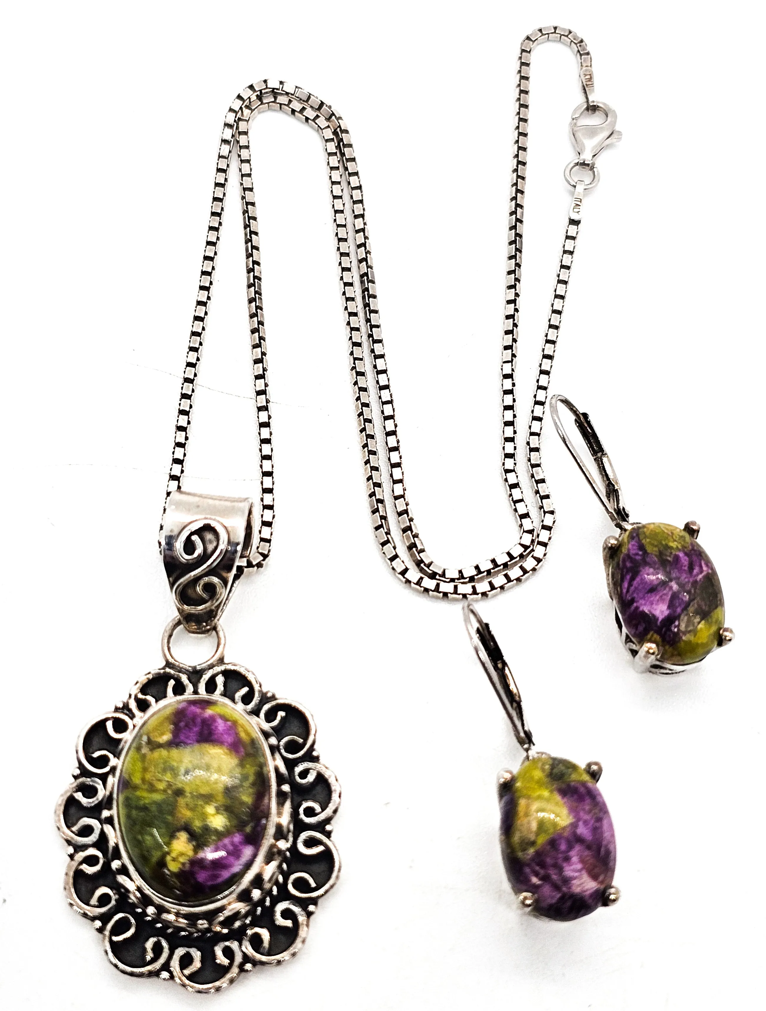 STS Atlantisite Stichtite Chuck Clemency vintage sterling silver earrings and necklace set