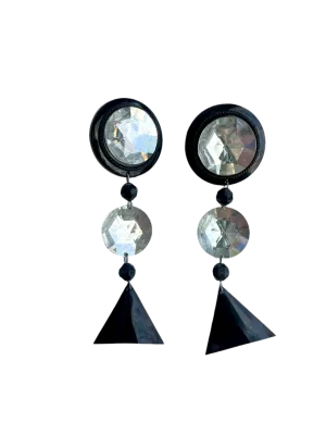 Stunning 80s Round Crystal Black Resin Shoulder Duster Earrings