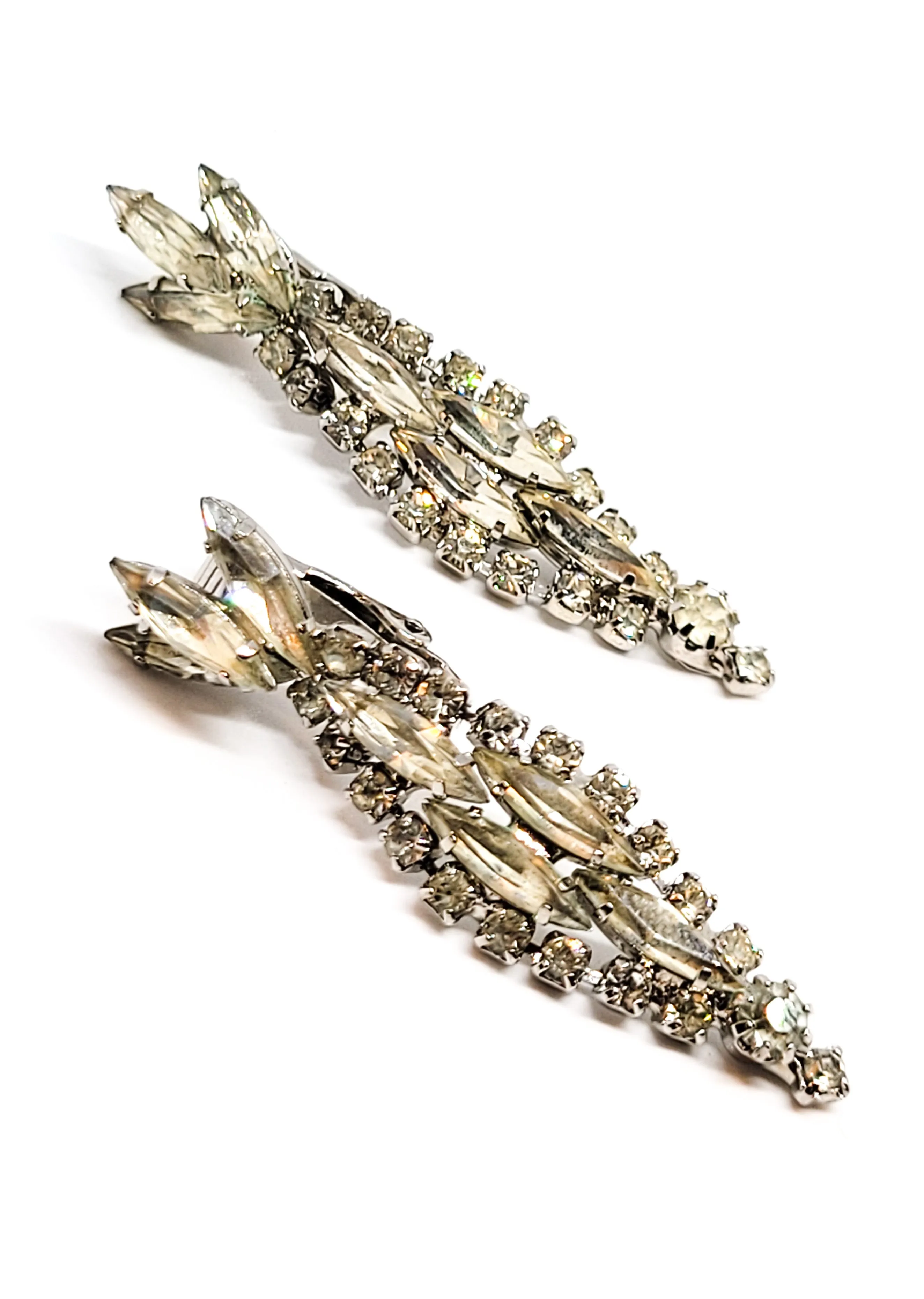 Stunning clear navette drop retro vintage clip on earrings mid century