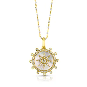SUNBRUST PENDANT AND BEADED CHAIN NECKLACE, GOLD MOTHER OF PEARL
