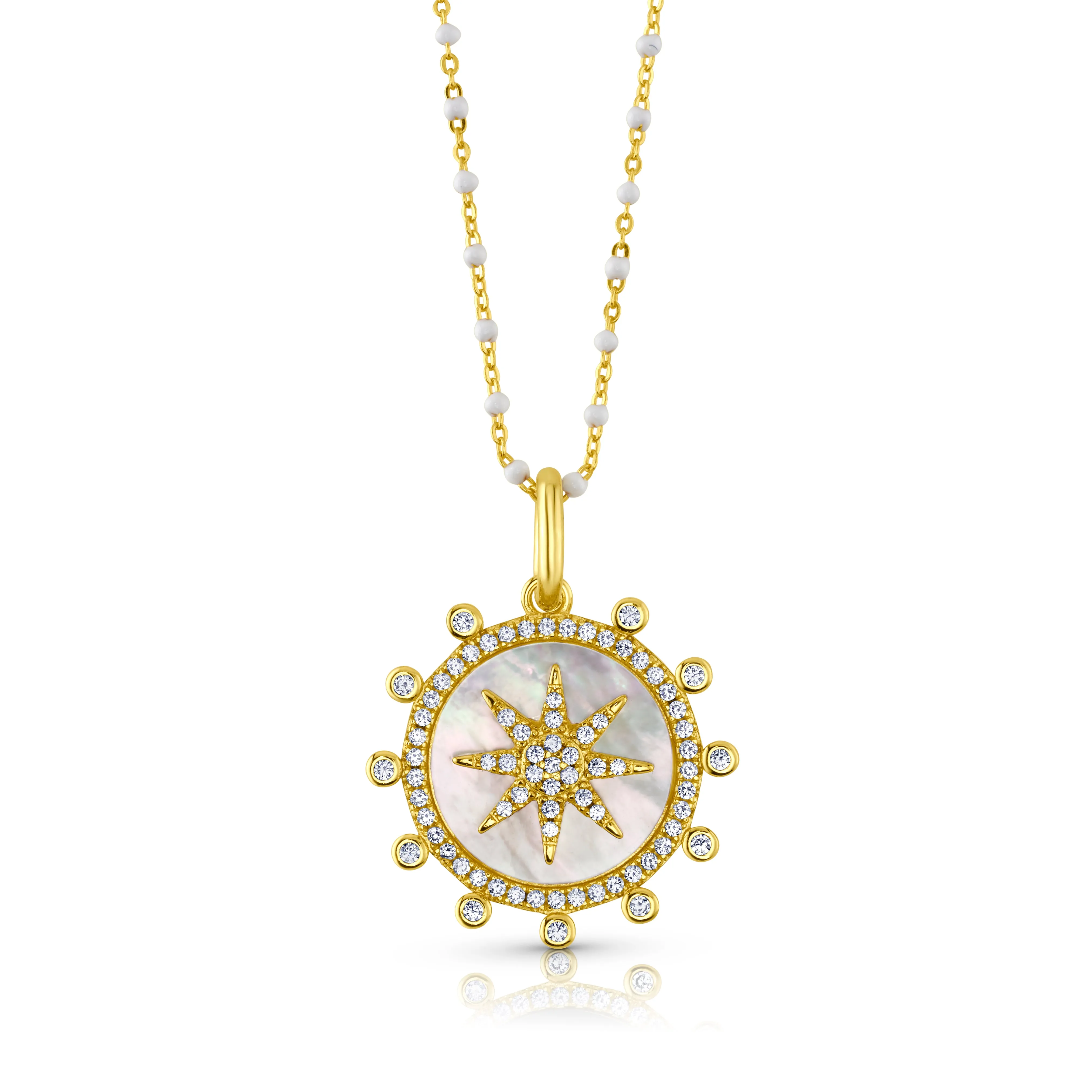 SUNBRUST PENDANT AND BEADED CHAIN NECKLACE, GOLD MOTHER OF PEARL