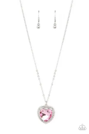 Sweethearts Stroll - Pink - Oversized Heart Gem White Rhinestone Halo Paparazzi Short Necklace