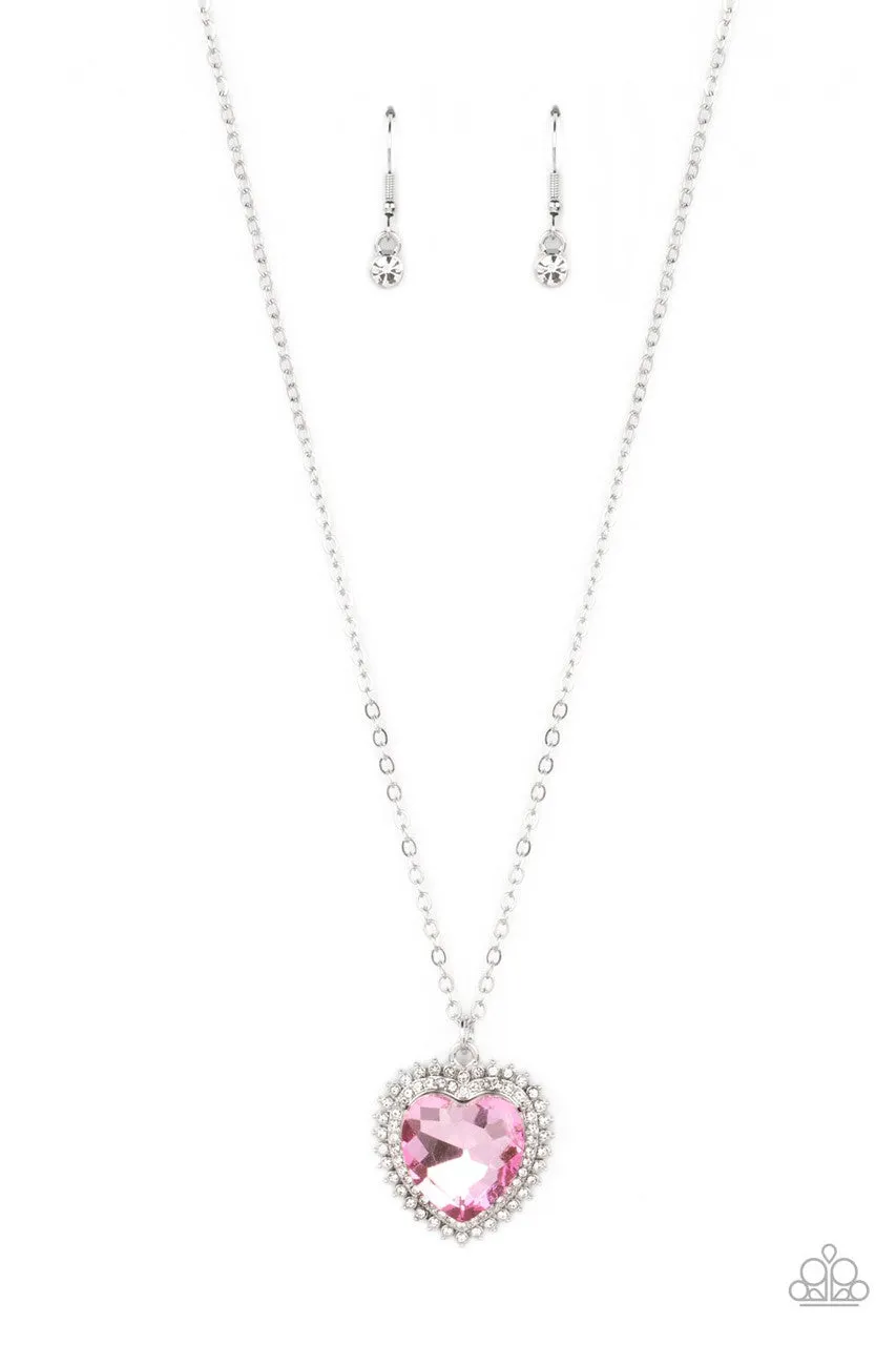 Sweethearts Stroll - Pink - Oversized Heart Gem White Rhinestone Halo Paparazzi Short Necklace