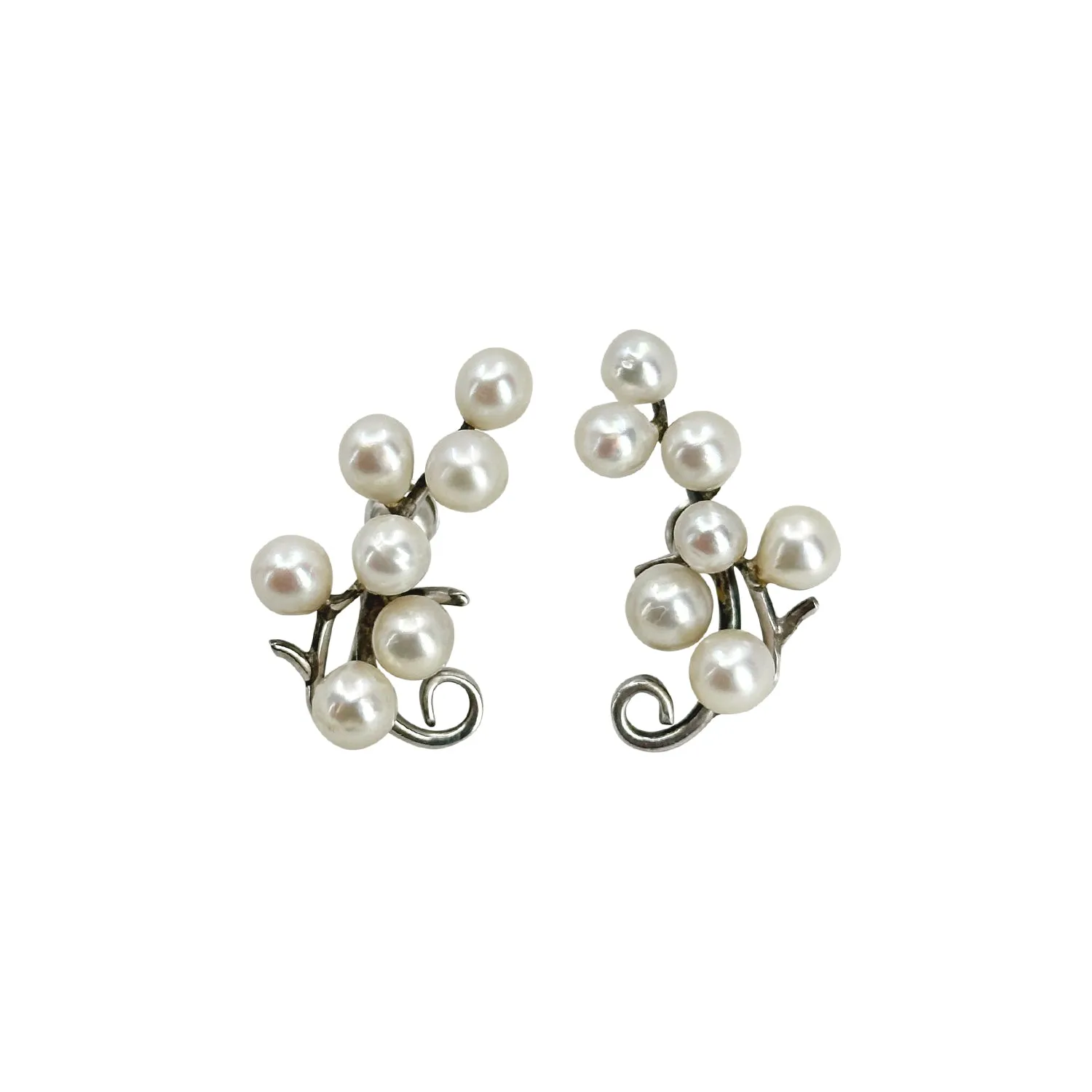 Swirling Branch Japan Saltwater Akoya Cultured Pearl Vintage Screwback Climber Earrings- Sterling Silver