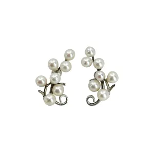 Swirling Branch Japan Saltwater Akoya Cultured Pearl Vintage Screwback Climber Earrings- Sterling Silver