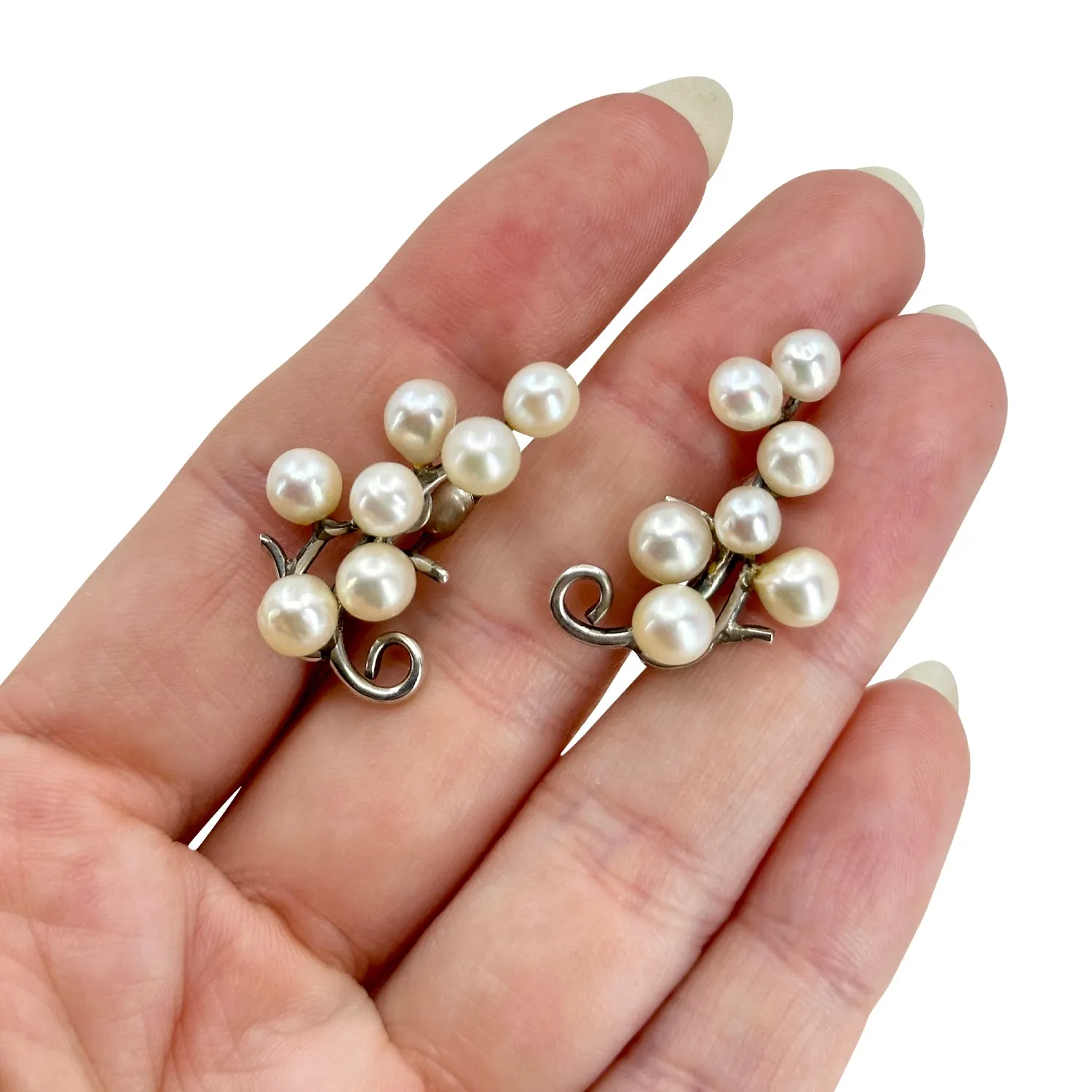 Swirling Branch Japan Saltwater Akoya Cultured Pearl Vintage Screwback Climber Earrings- Sterling Silver