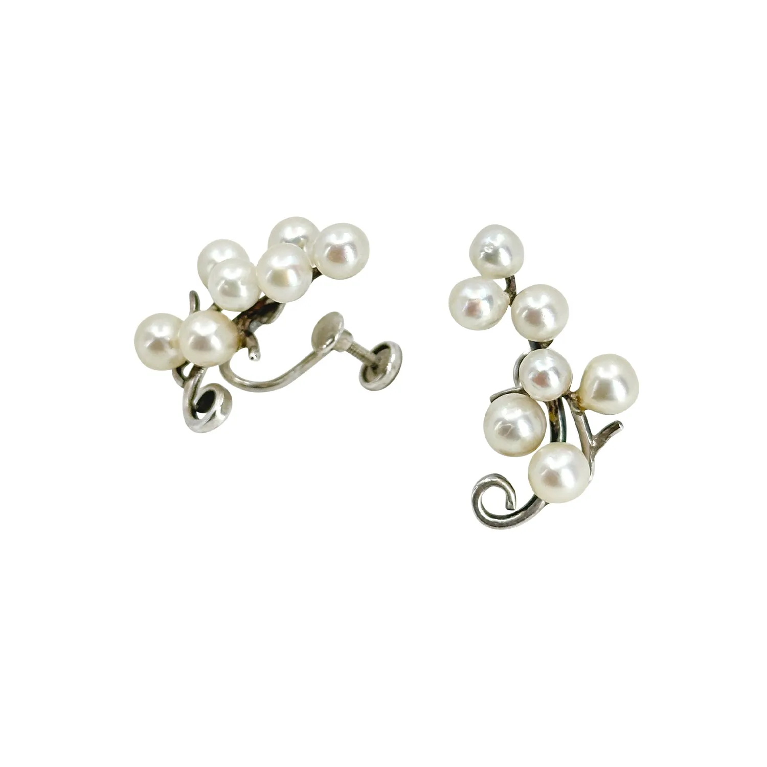 Swirling Branch Japan Saltwater Akoya Cultured Pearl Vintage Screwback Climber Earrings- Sterling Silver