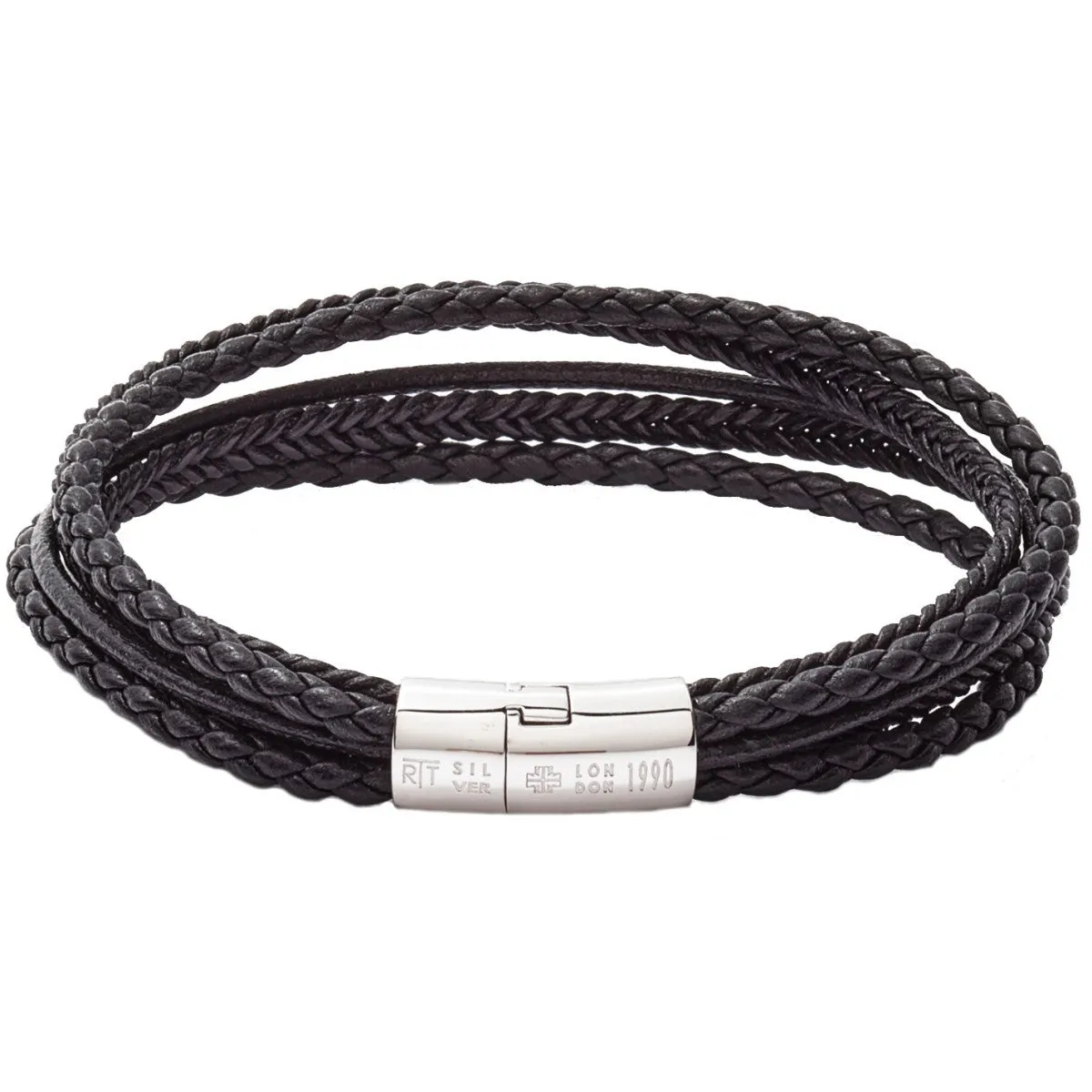 Tateossian Cobra Black Leather Bracelet with Silver Clasp