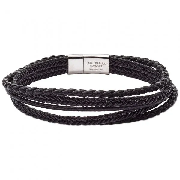 Tateossian Cobra Black Leather Bracelet with Silver Clasp