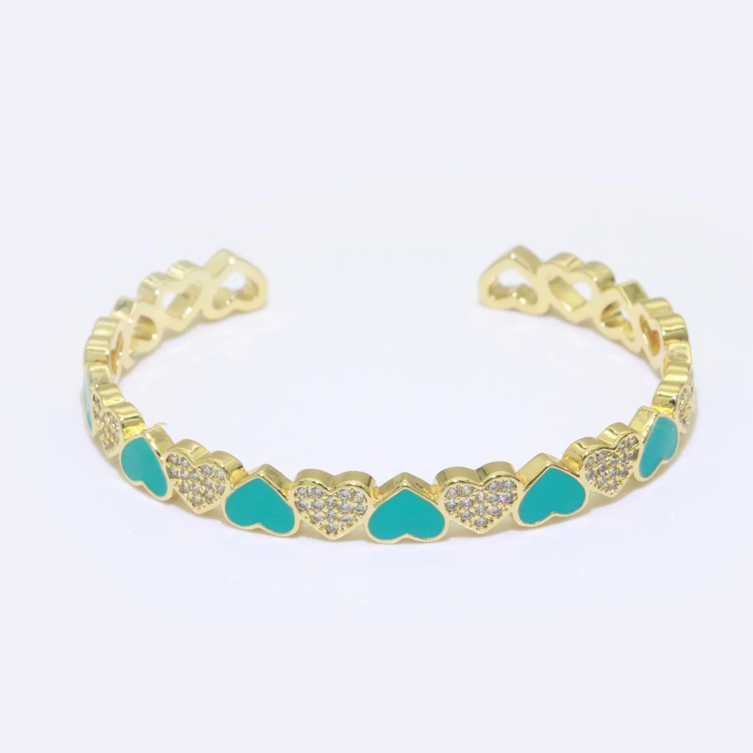 Teal Heart Enamel 14k Gold Filled Adjustable Bangle, Gold Cuff Bangle Bracelet Micro Pave Jewelry
