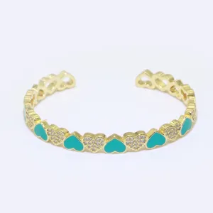 Teal Heart Enamel 14k Gold Filled Adjustable Bangle, Gold Cuff Bangle Bracelet Micro Pave Jewelry