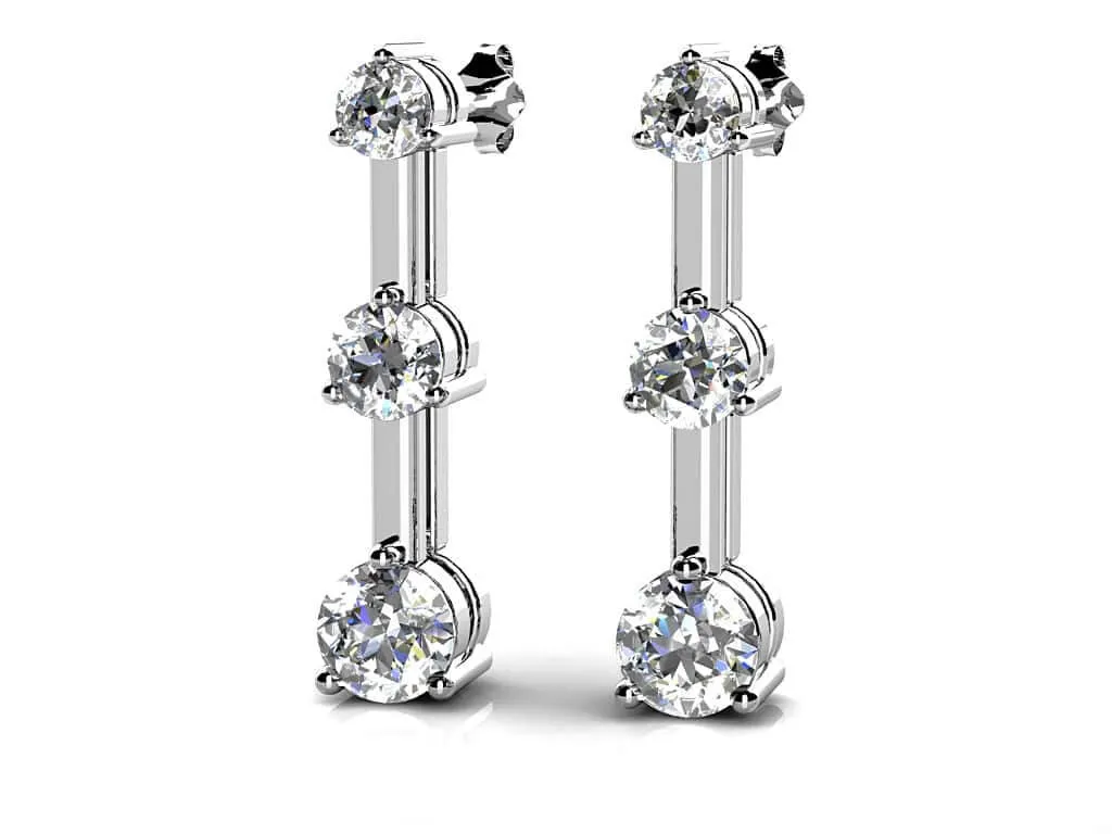 Three Prong Triple Diamond Earrings   with 1.00 ct.(finished) 2.7mm, 3.4mm, 4.2mm