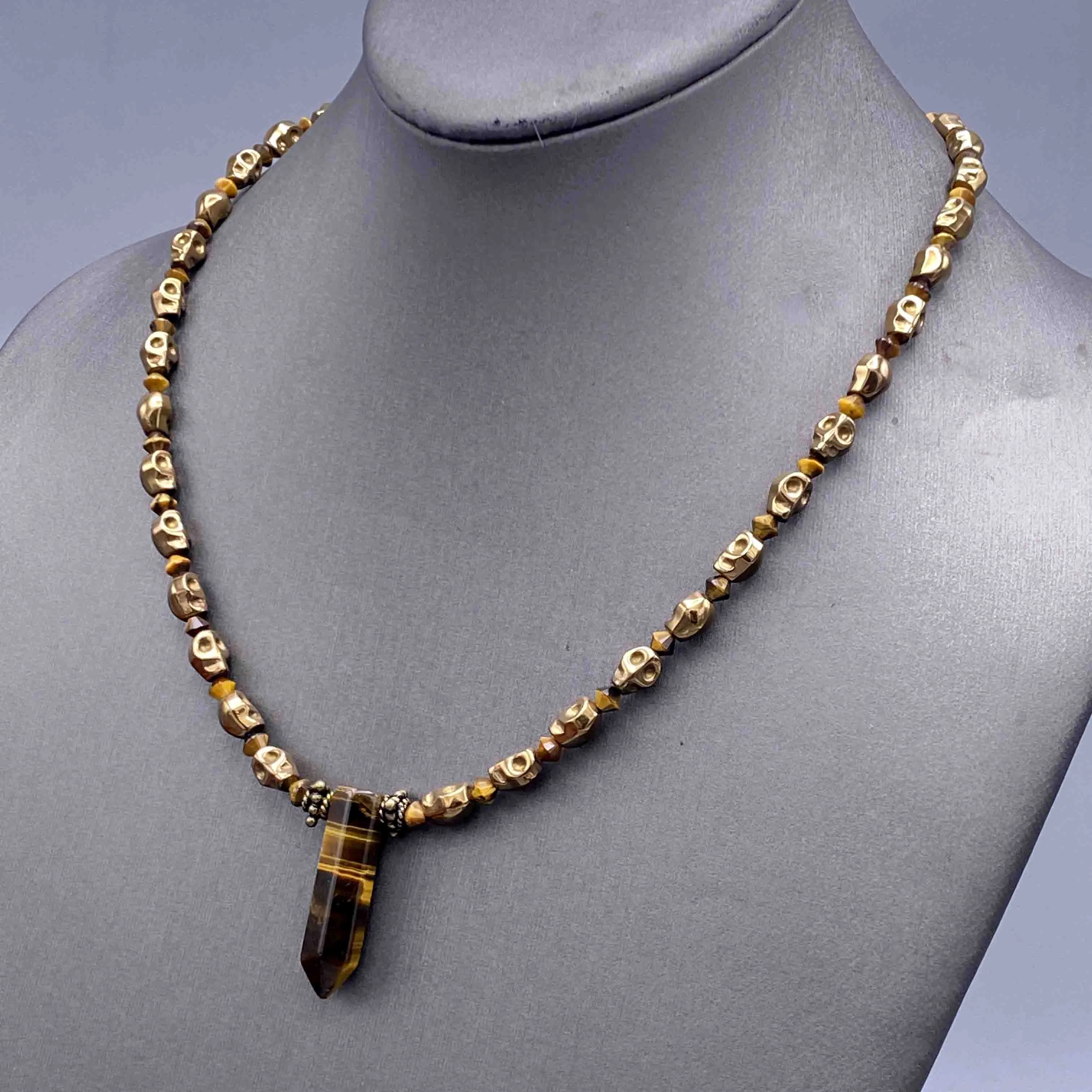 Tiger Eye and Hematite Skull Necklace