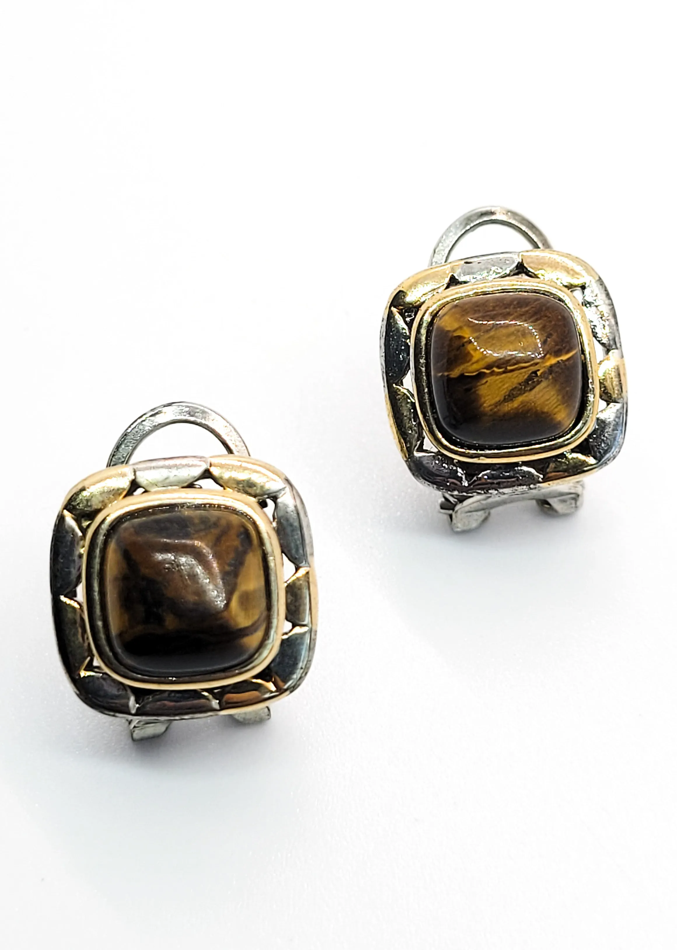 Tiger's eye domed gold and sterling silver plated vintage post lever back earrings