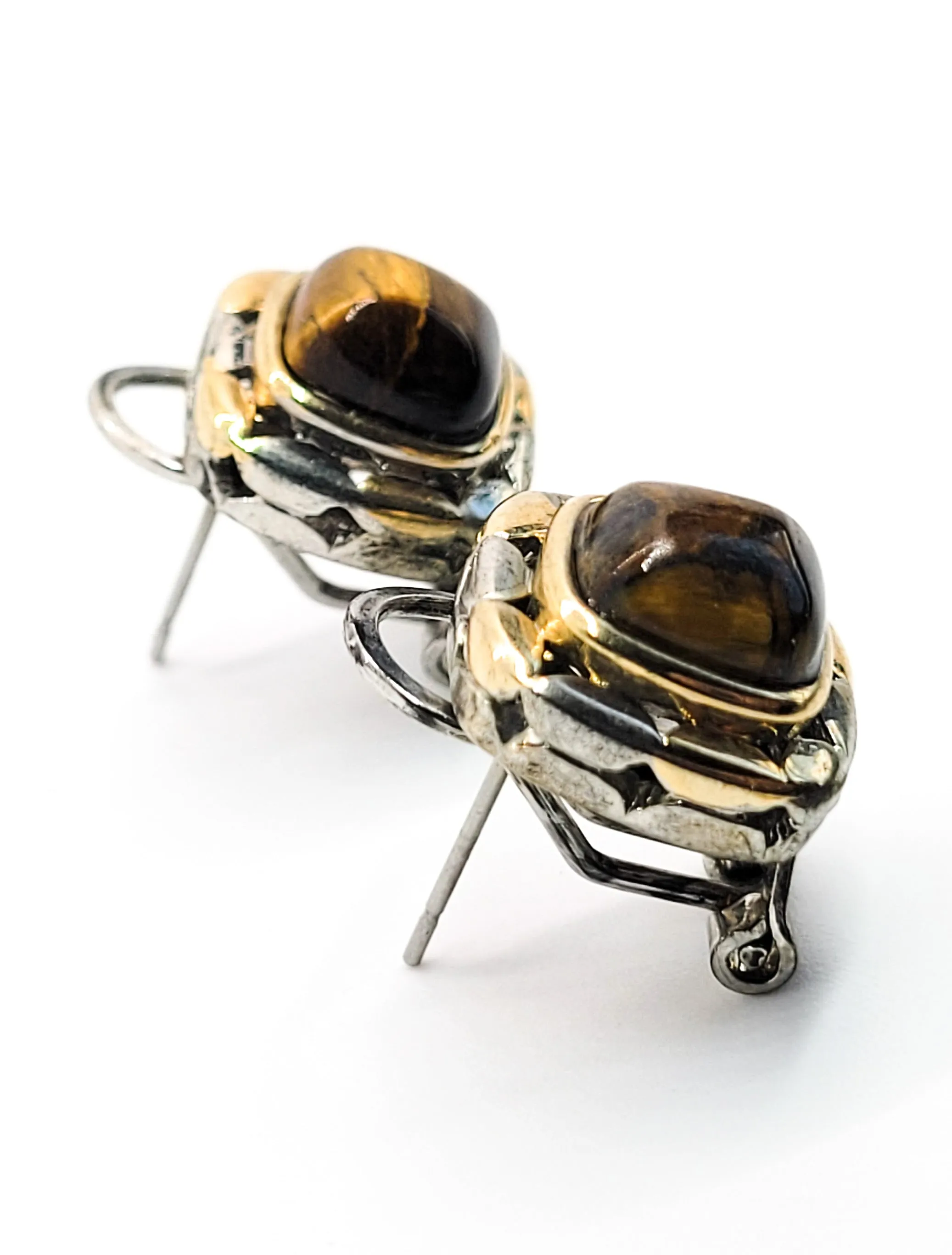 Tiger's eye domed gold and sterling silver plated vintage post lever back earrings