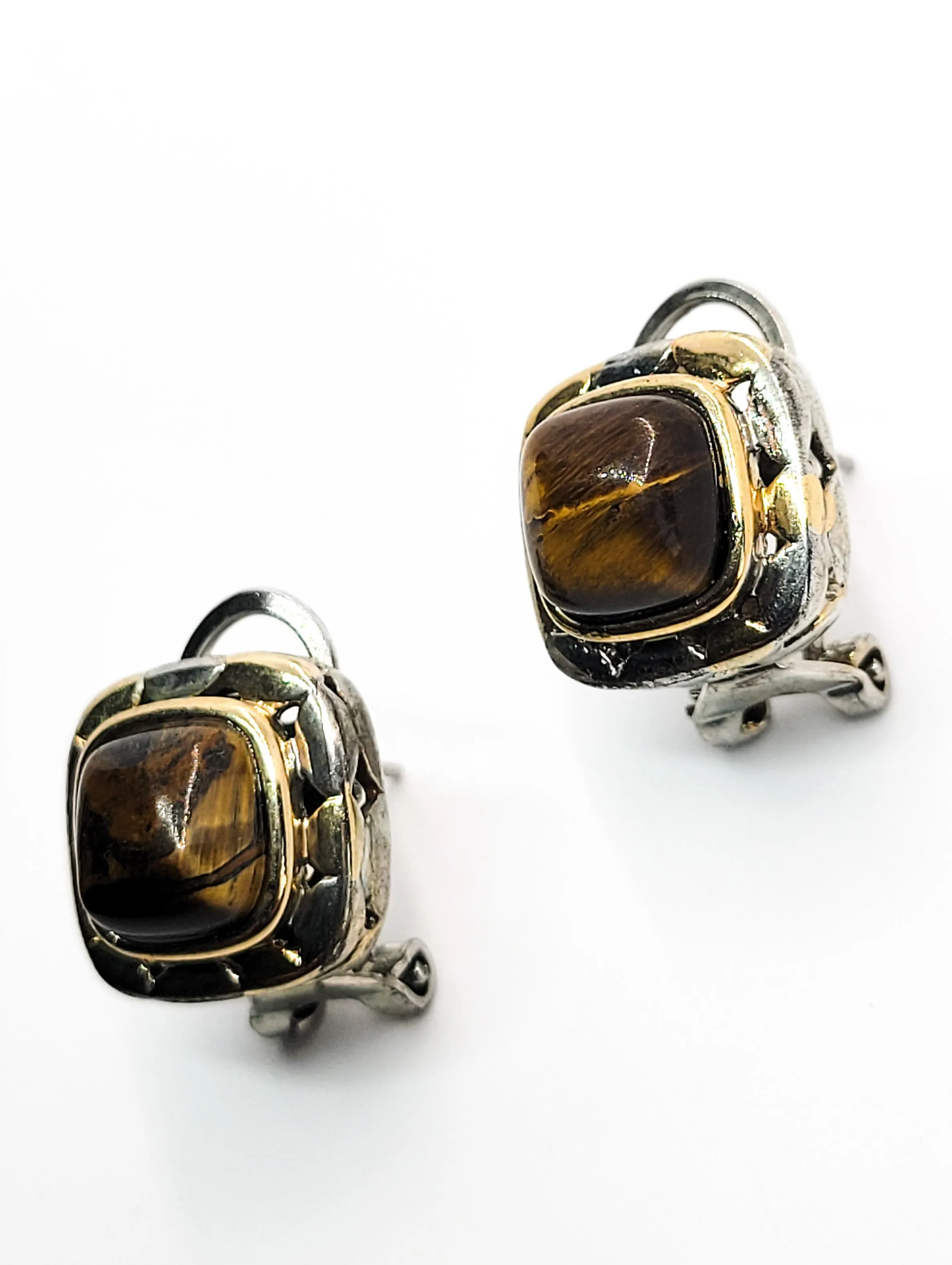 Tiger's eye domed gold and sterling silver plated vintage post lever back earrings
