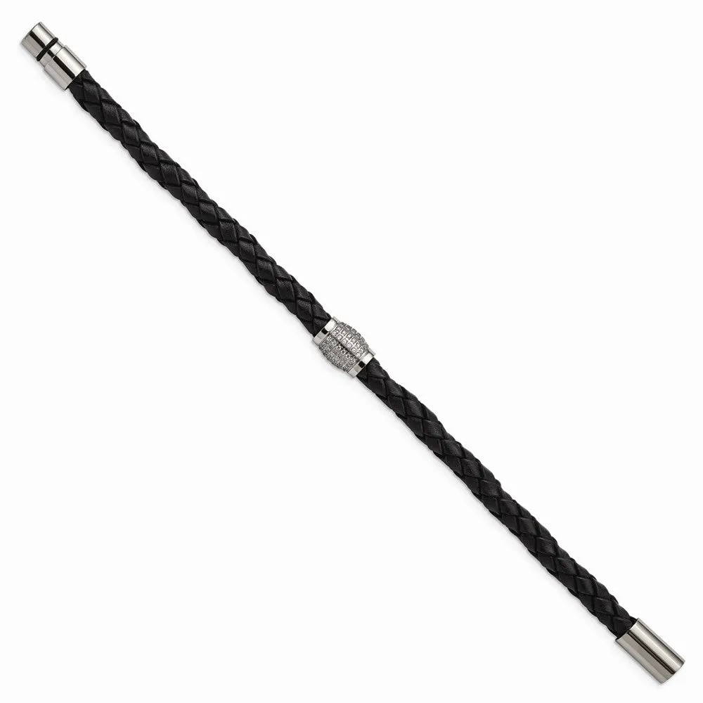 Titanium Polished CZs Black Leather Bracelet