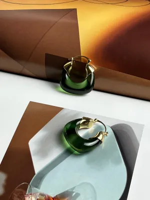 Translucent Forest Green Resin Gold Hoop Earrings