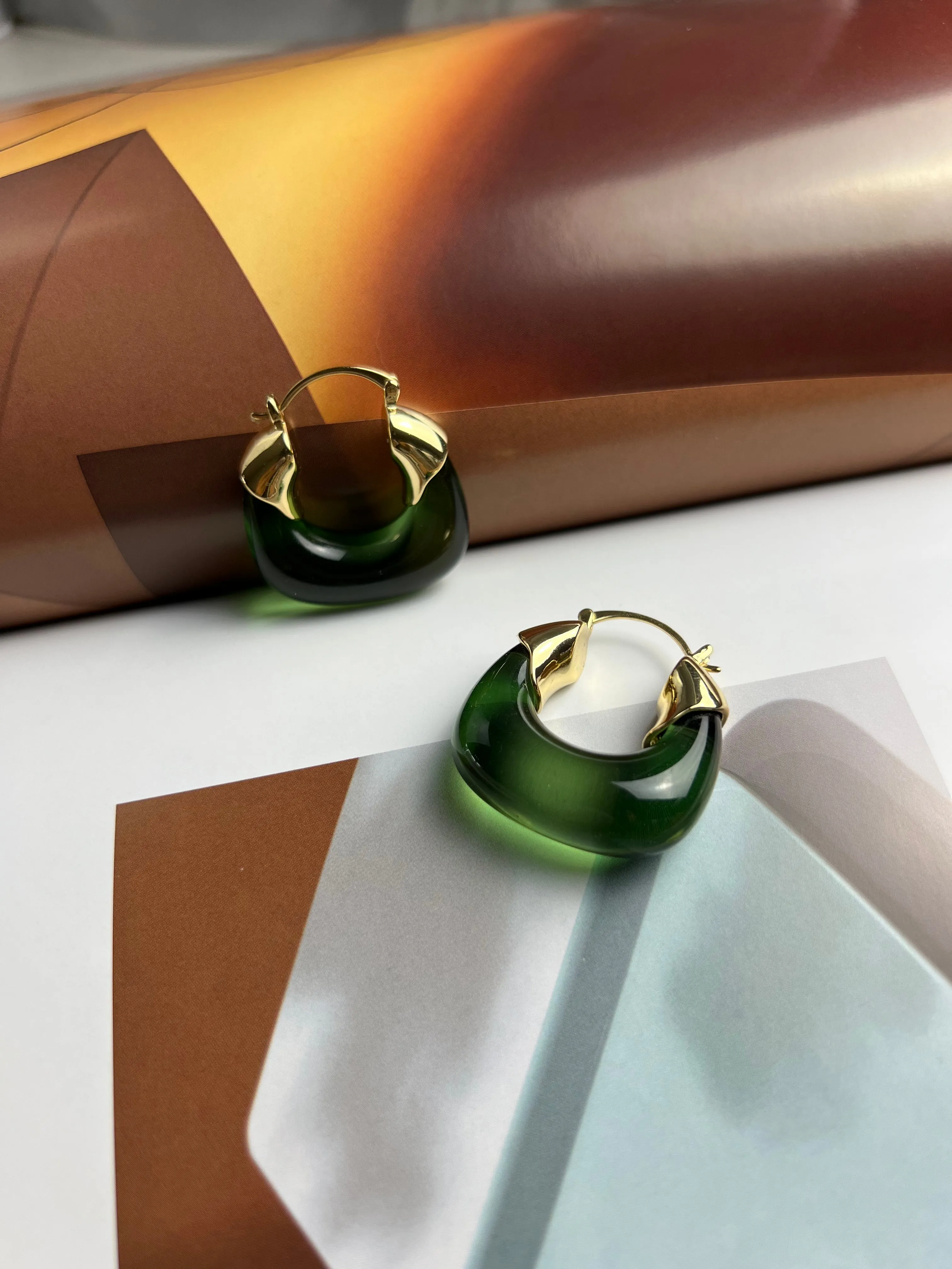 Translucent Forest Green Resin Gold Hoop Earrings