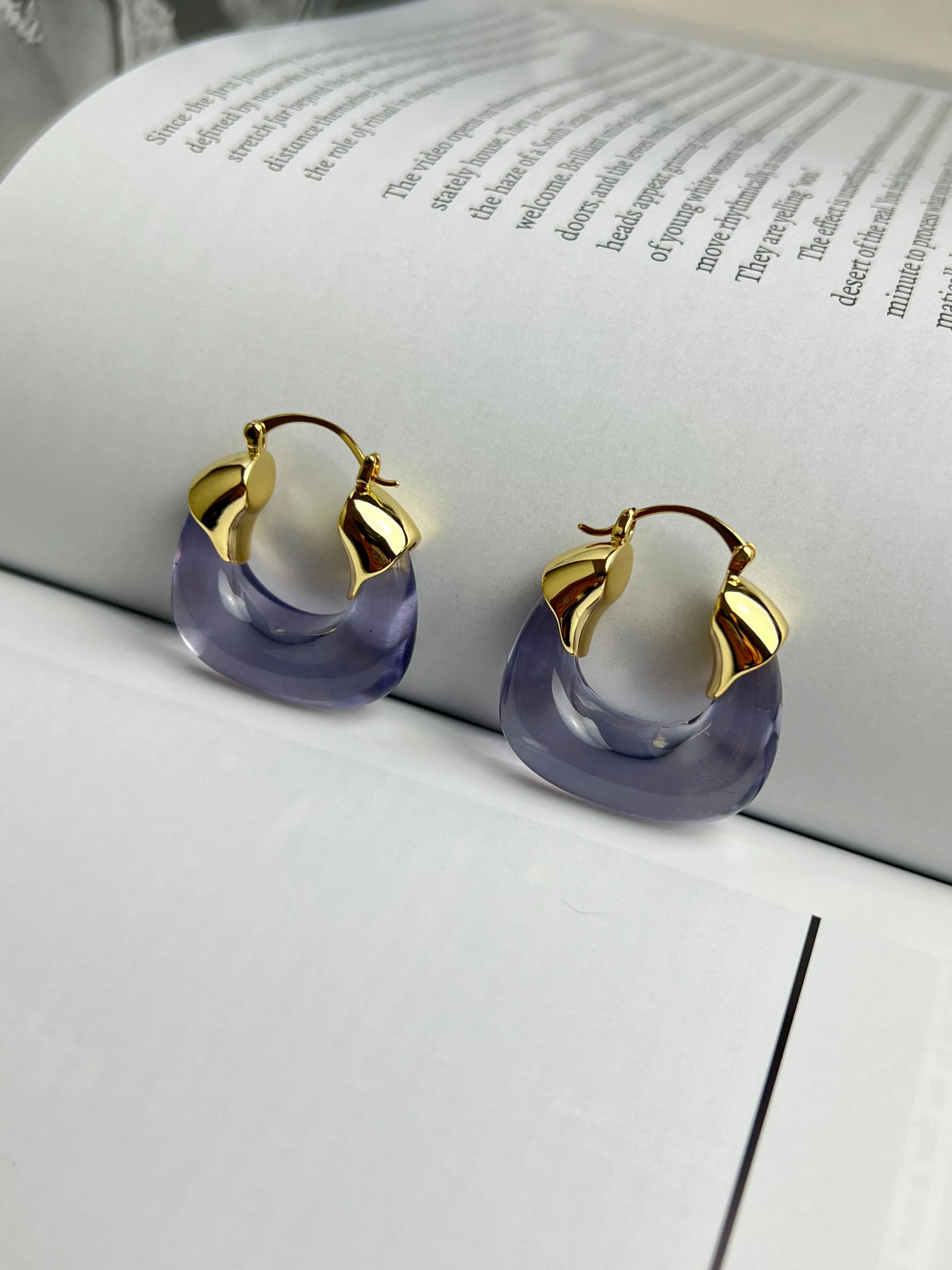 Translucent Lavender Purple Resin Gold Hoop Earrings