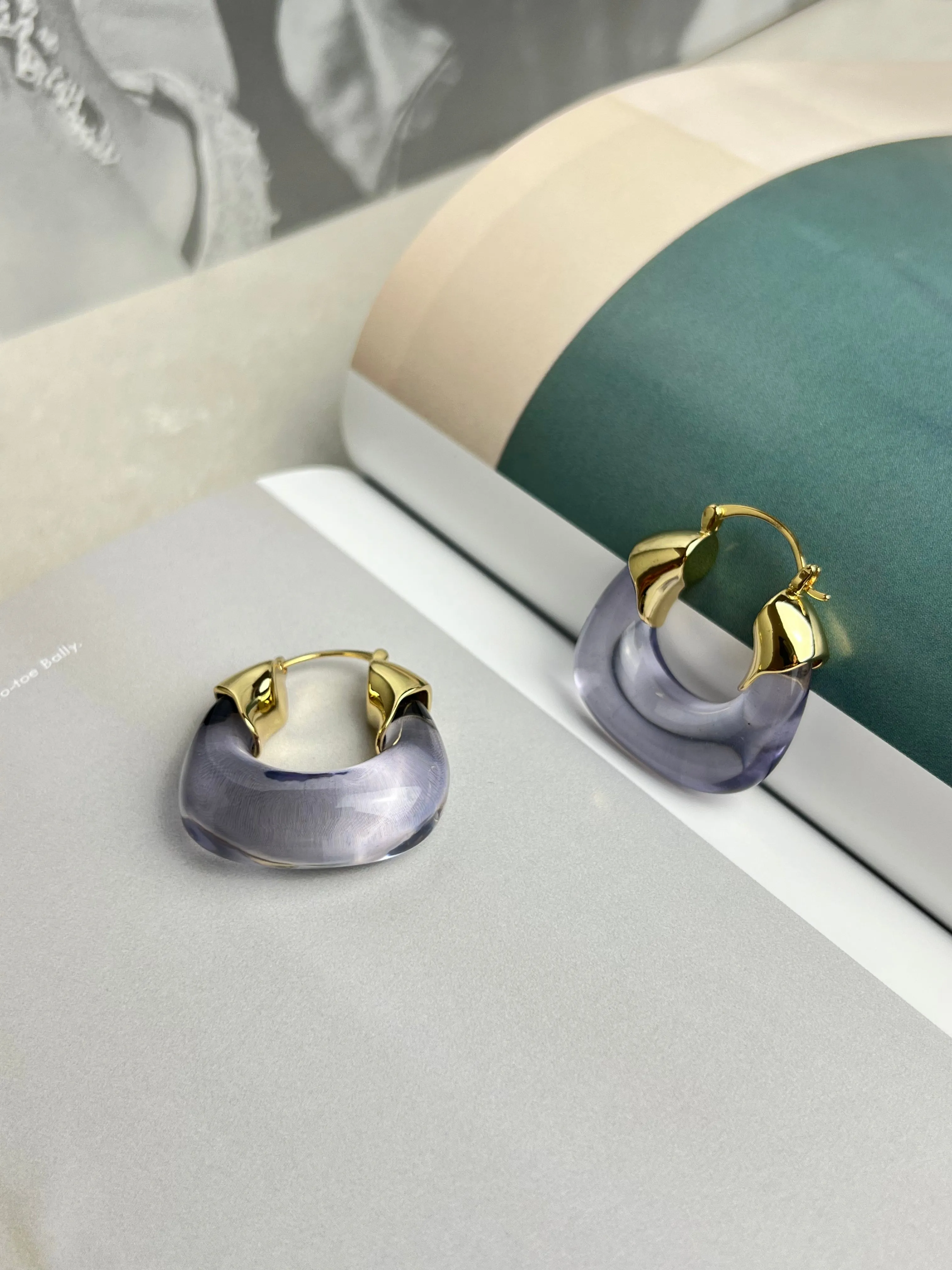 Translucent Lavender Purple Resin Gold Hoop Earrings