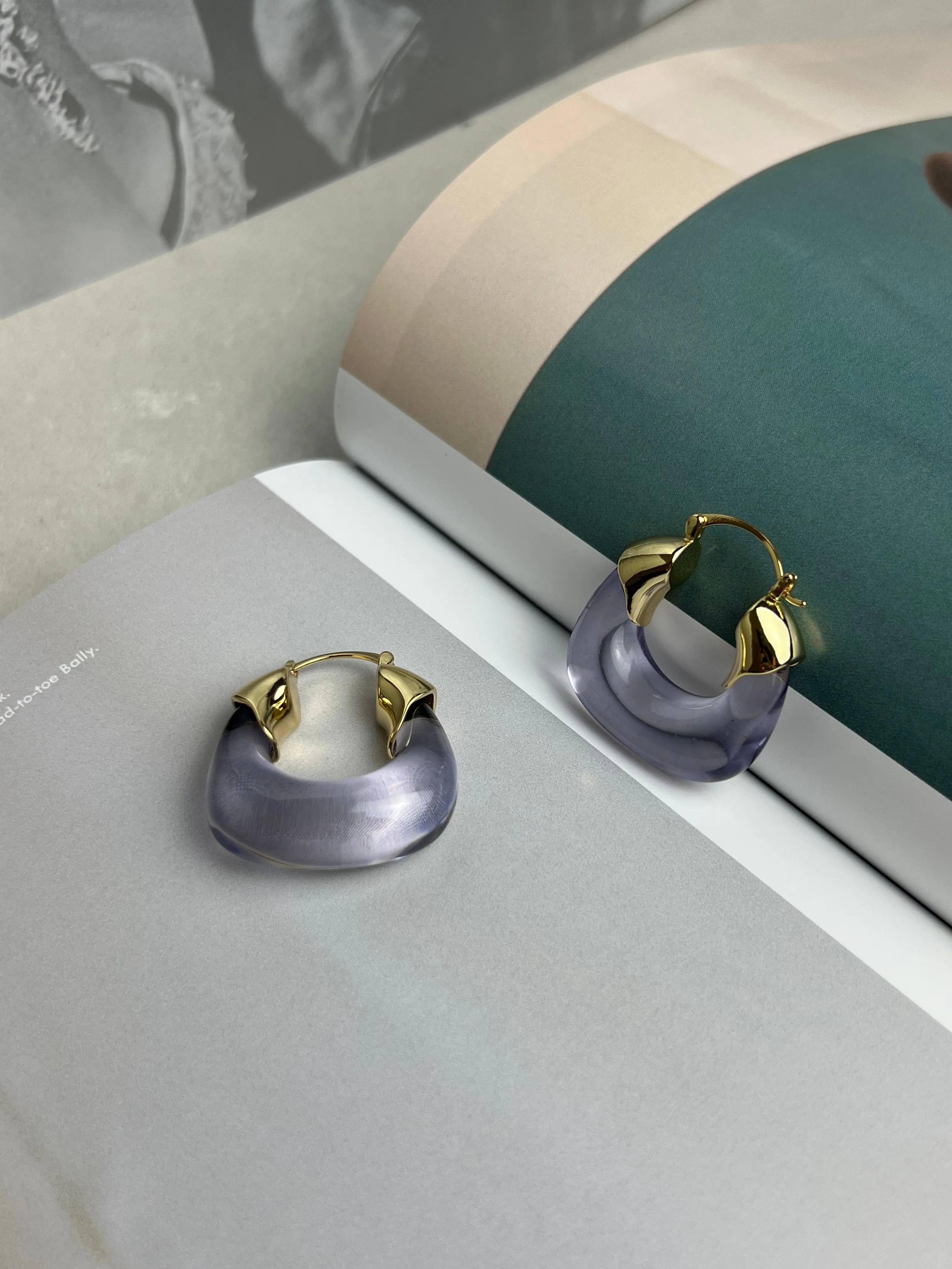 Translucent Lavender Purple Resin Gold Hoop Earrings