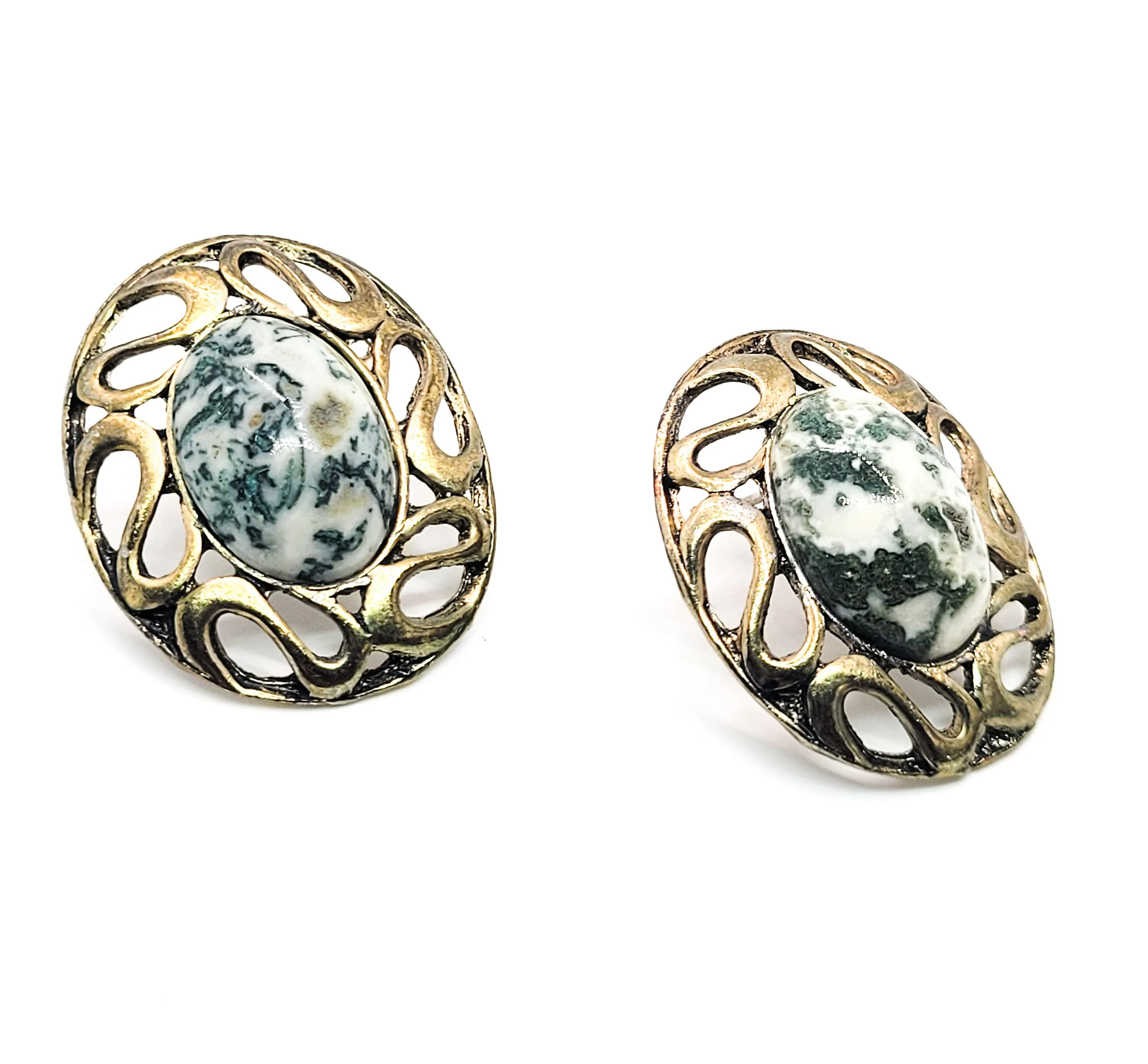 Tree Agate green moss gemstone gold toned vintage post earrings