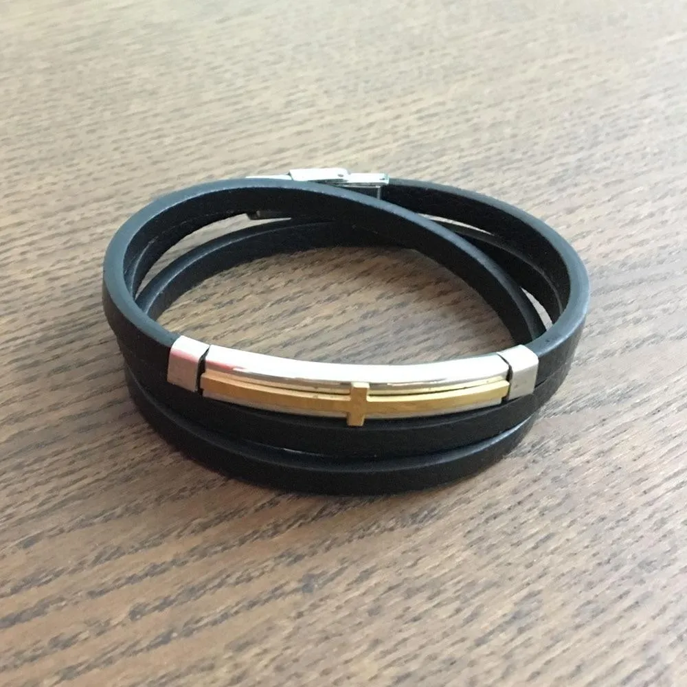 Trendy Genuine Leather Stainless Steel Cross Bracelets for Men, Double Layer Wristband, Jewelry Gift
