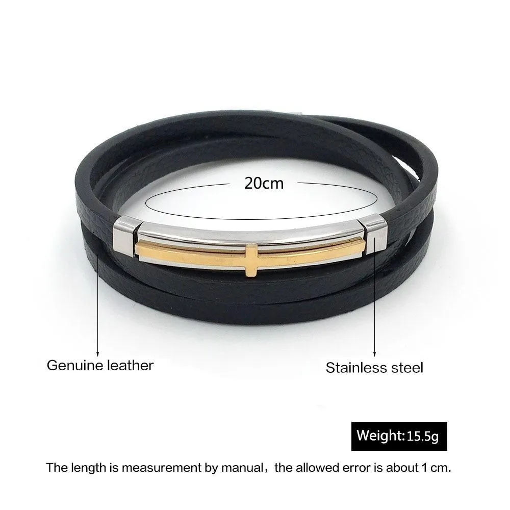 Trendy Genuine Leather Stainless Steel Cross Bracelets for Men, Double Layer Wristband, Jewelry Gift