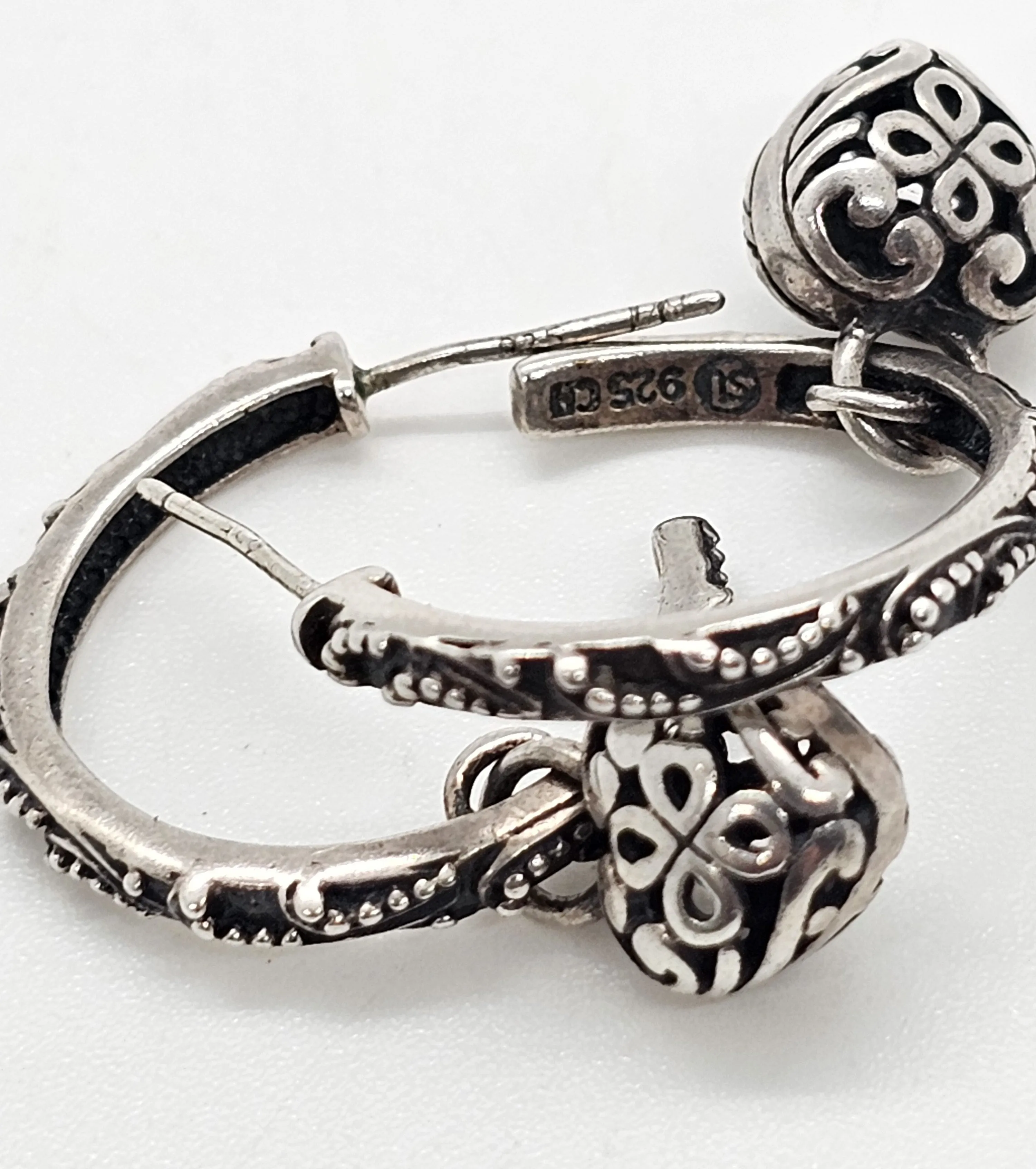 Tribal Heart charm Bali Balinese SU sterling silver vintage hoop earrings