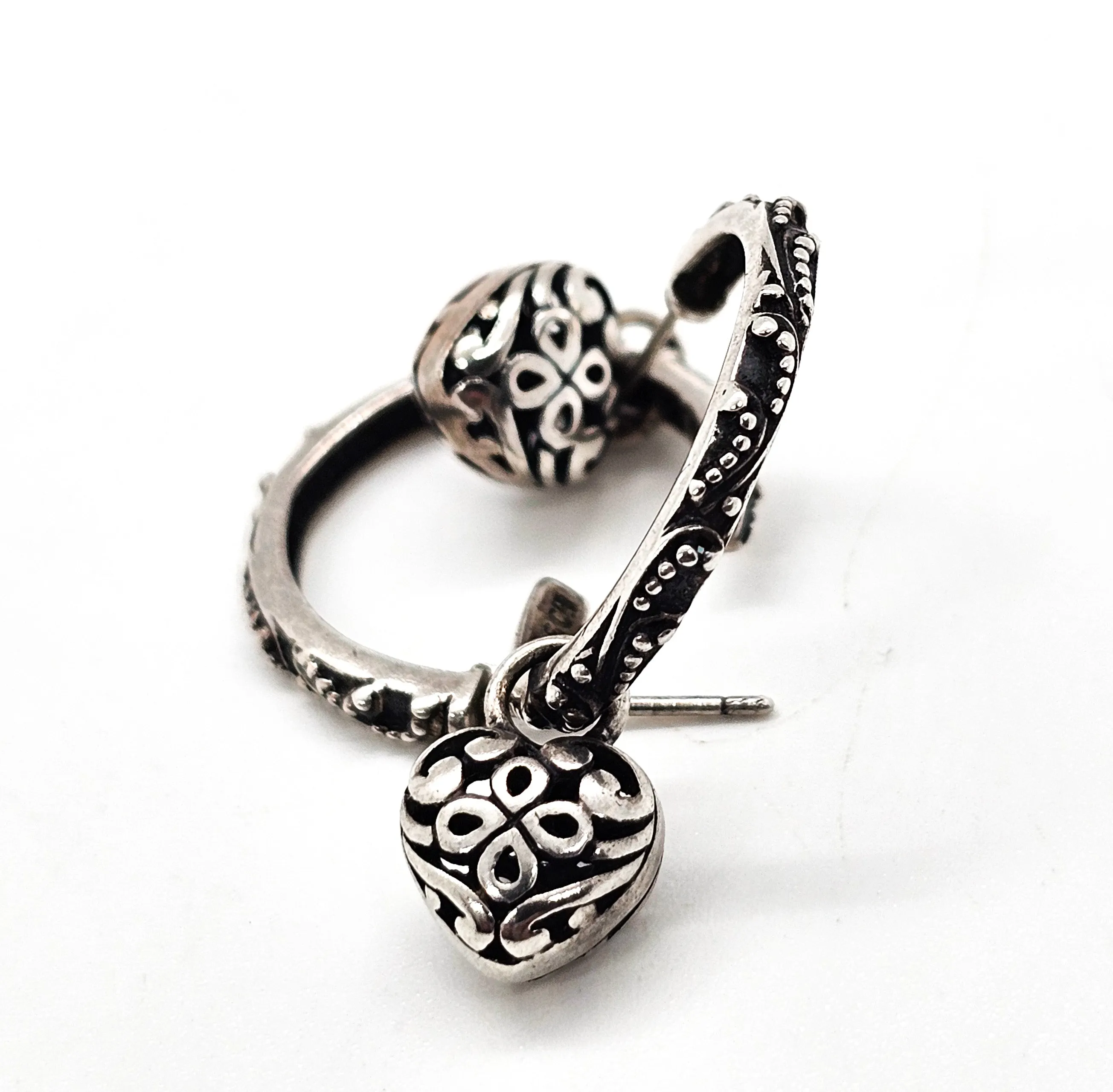Tribal Heart charm Bali Balinese SU sterling silver vintage hoop earrings
