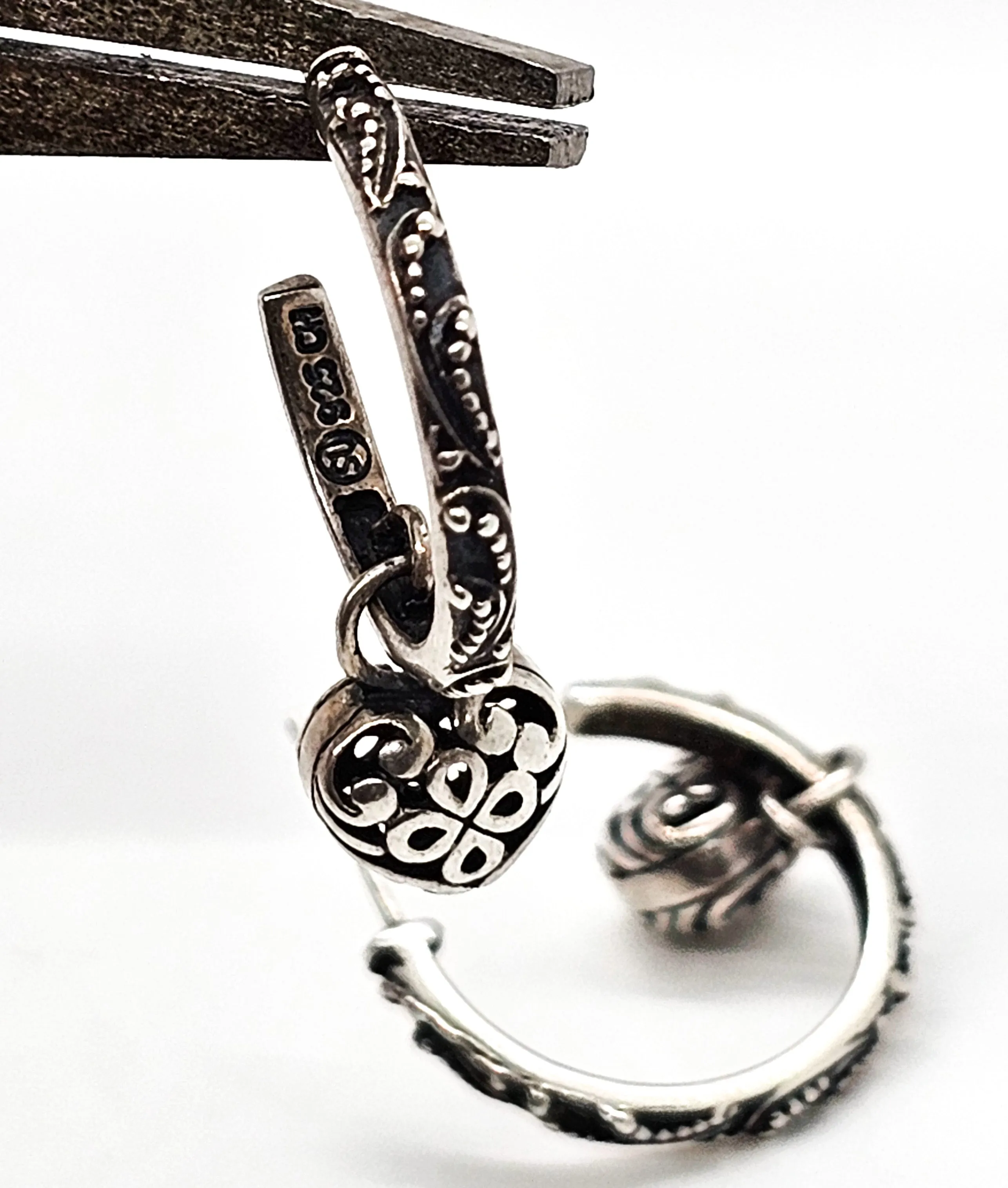 Tribal Heart charm Bali Balinese SU sterling silver vintage hoop earrings