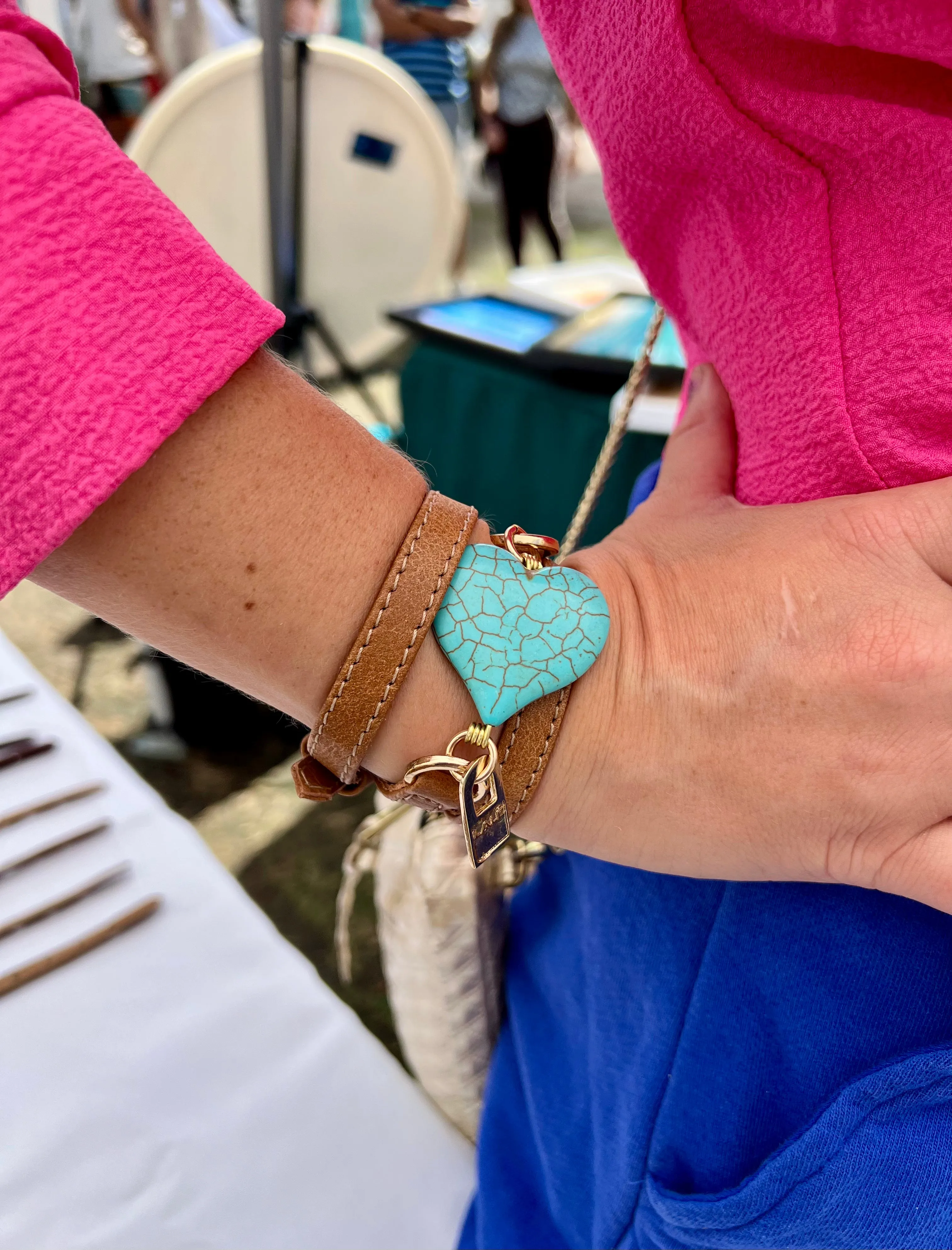 Triple Wrap Camel Leather Bracelet with Heart Turquoise Stone