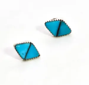 Turquoise gemstone inlay sterling silver vintage stud earrings