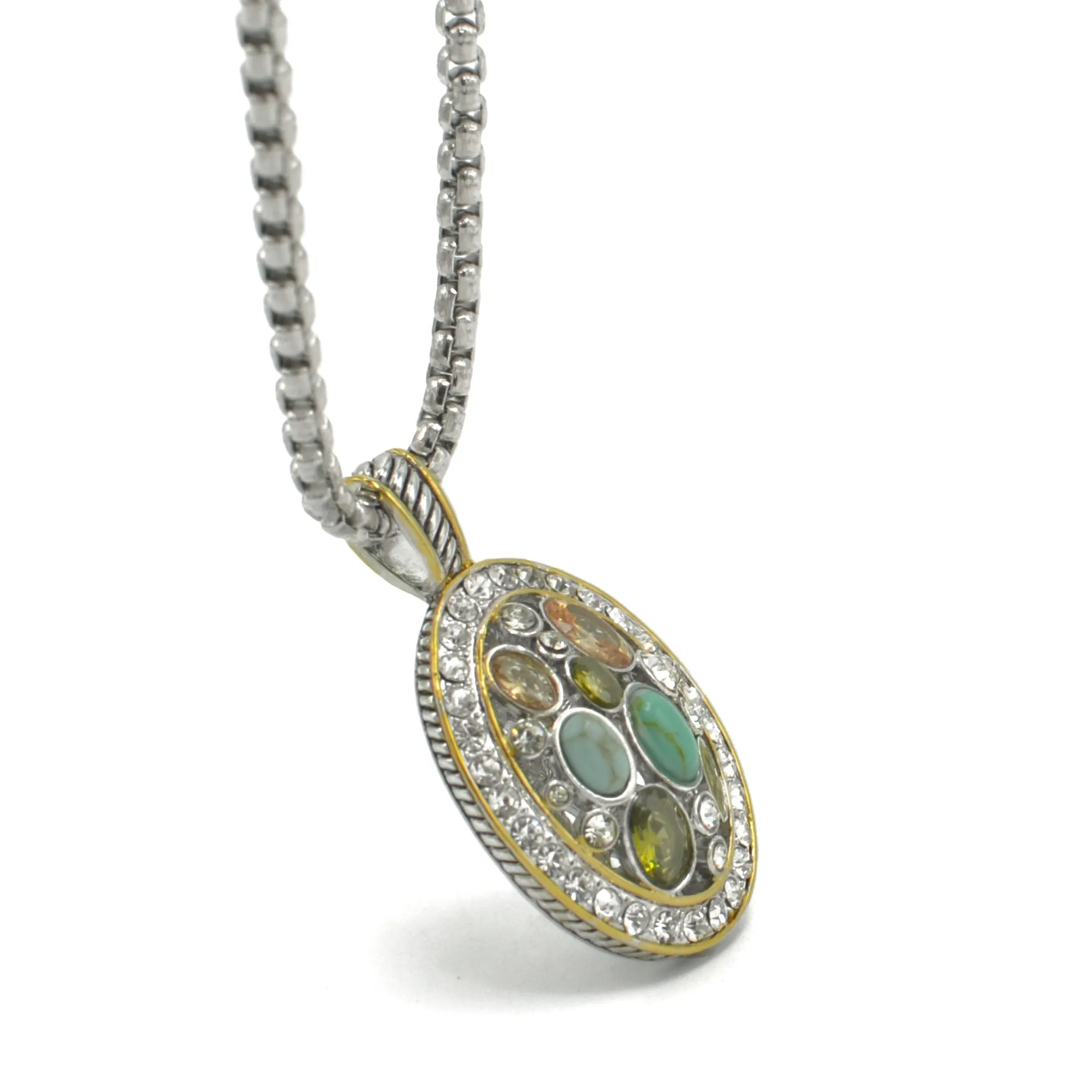 TWO TONE MULTI COLOR CRYSTAL OVAL PENDANT SILVER ROPE CHAIN NECKLACE #34176EH-MT