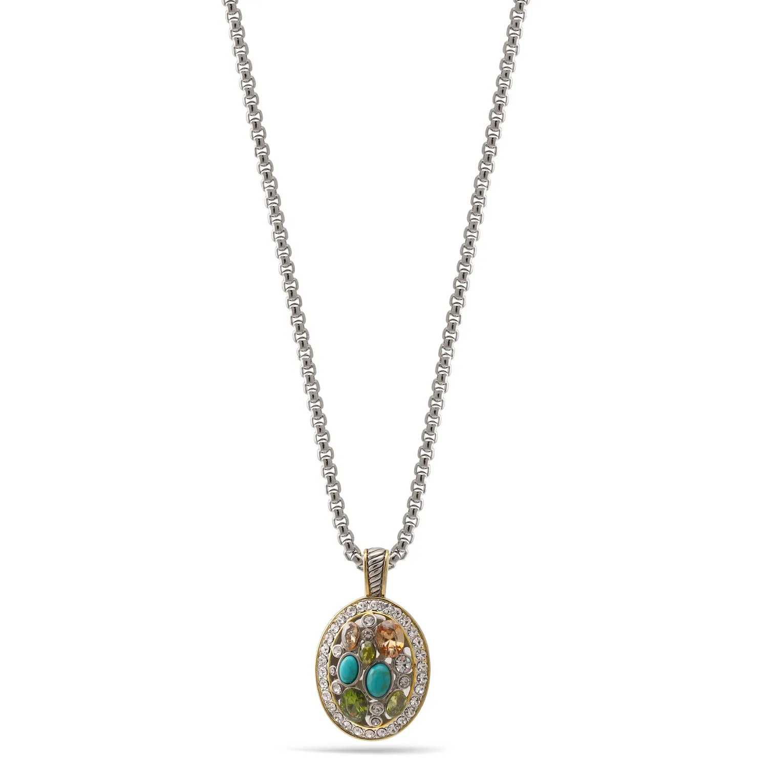 TWO TONE MULTI COLOR CRYSTAL OVAL PENDANT SILVER ROPE CHAIN NECKLACE #34176EH-MT