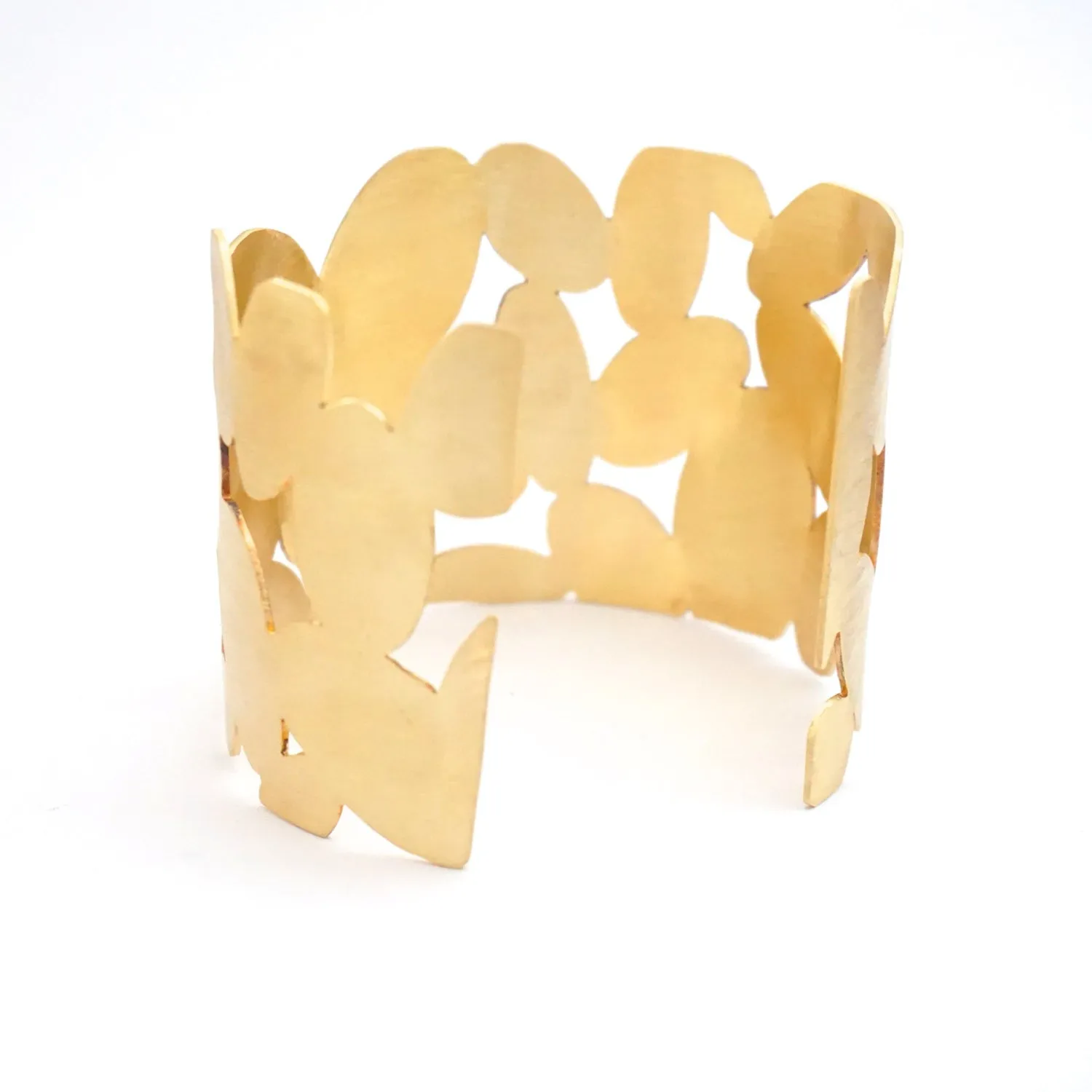 Unique Contemporary Classic Large Hand-Made Oval, Cut Out Gold Colored Brass Cuff Bracelet - 0082
