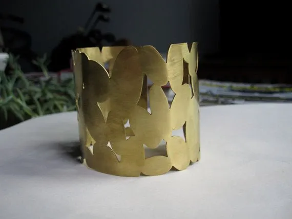 Unique Contemporary Classic Large Hand-Made Oval, Cut Out Gold Colored Brass Cuff Bracelet - 0082