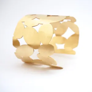 Unique Contemporary Classic Large Hand-Made Oval, Cut Out Gold Colored Brass Cuff Bracelet - 0082