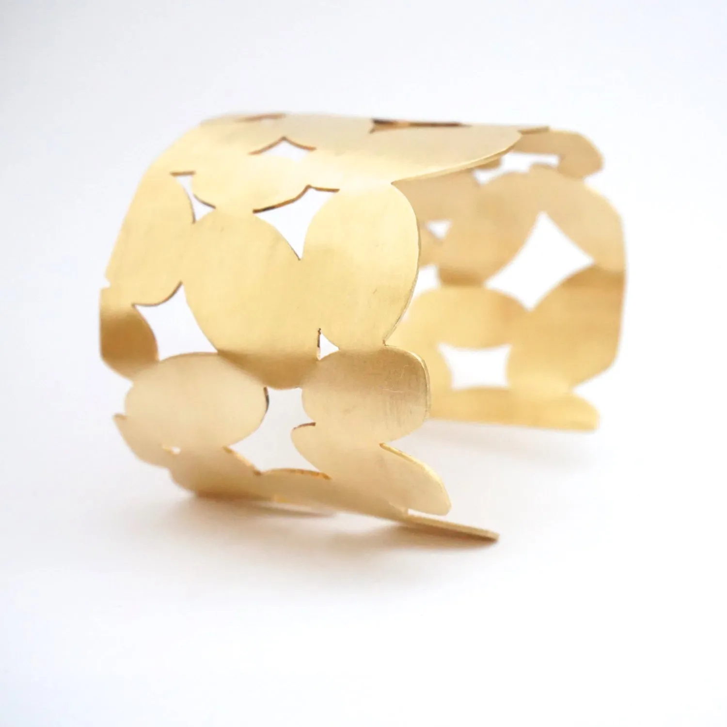 Unique Contemporary Classic Large Hand-Made Oval, Cut Out Gold Colored Brass Cuff Bracelet - 0082