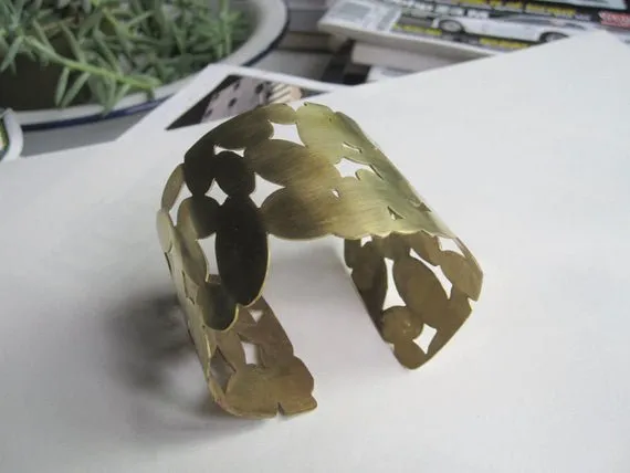Unique Contemporary Classic Large Hand-Made Oval, Cut Out Gold Colored Brass Cuff Bracelet - 0082