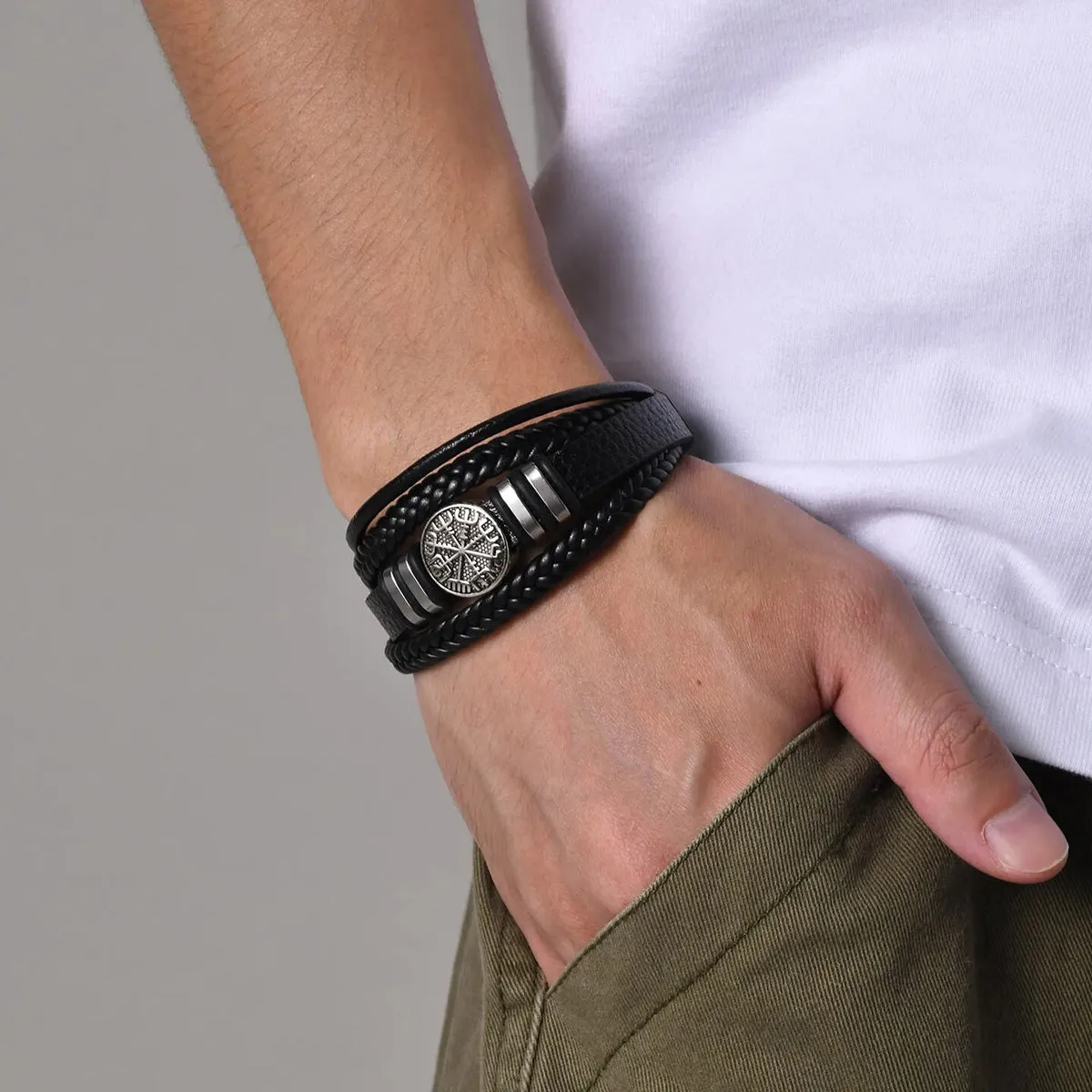 Viking - Norse Viking Bracelets for Men, Black Mens Leather Bracelet Bangle